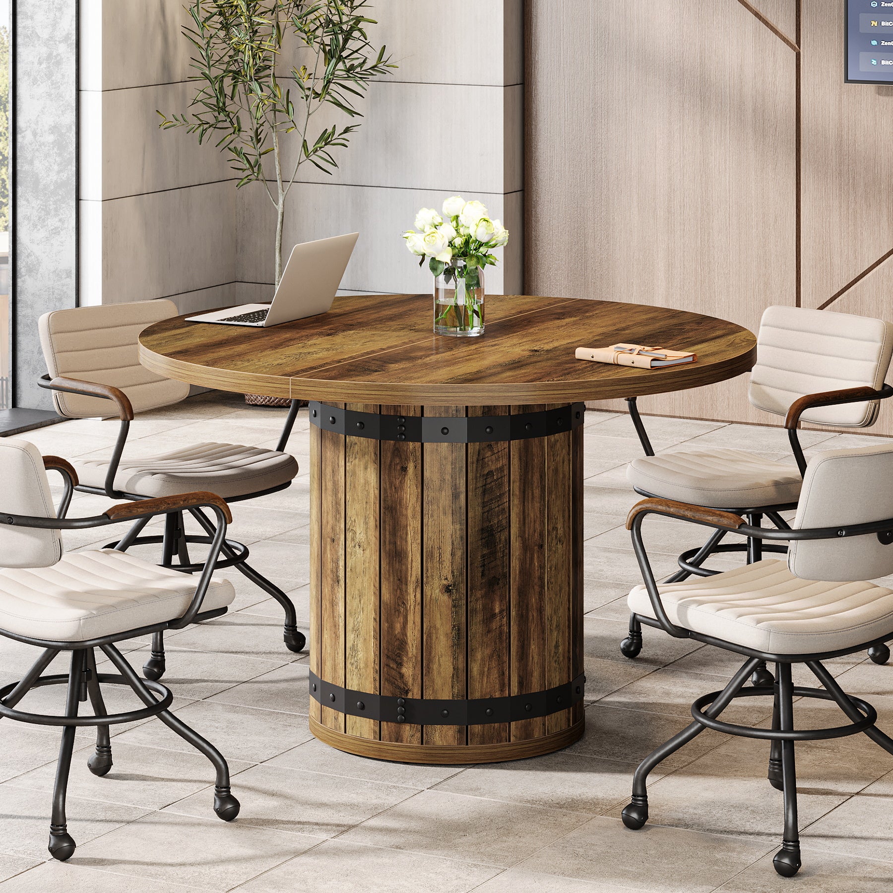 100cm Ronde Vergadertafel voor 4 Personen, Boerderijstijl met Hekwerk Basis voor Kantoor in Landelijk Bruin