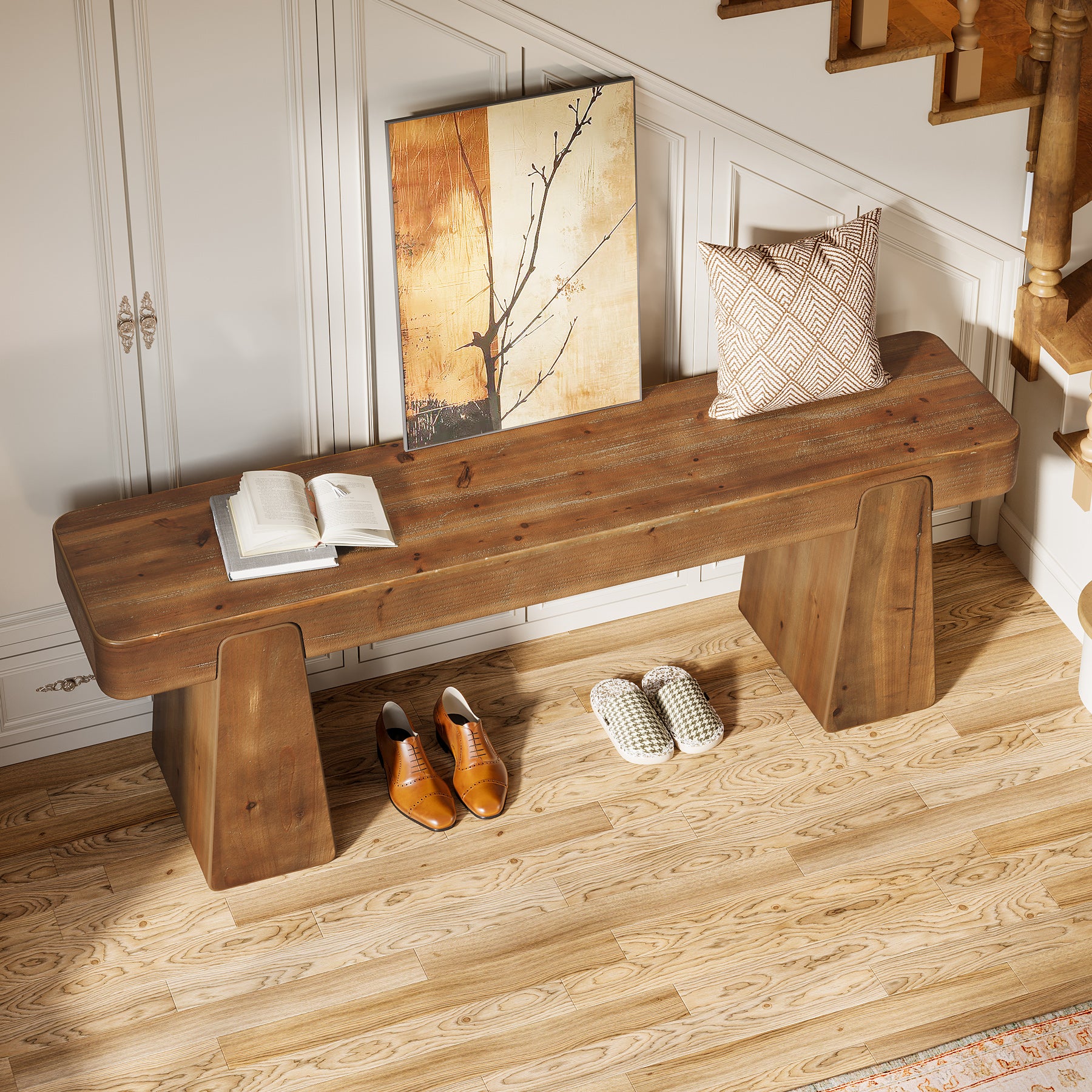 Tribesigns 120 cm massief houten halbank, farmhouse zitbank met dikke poten voor hal