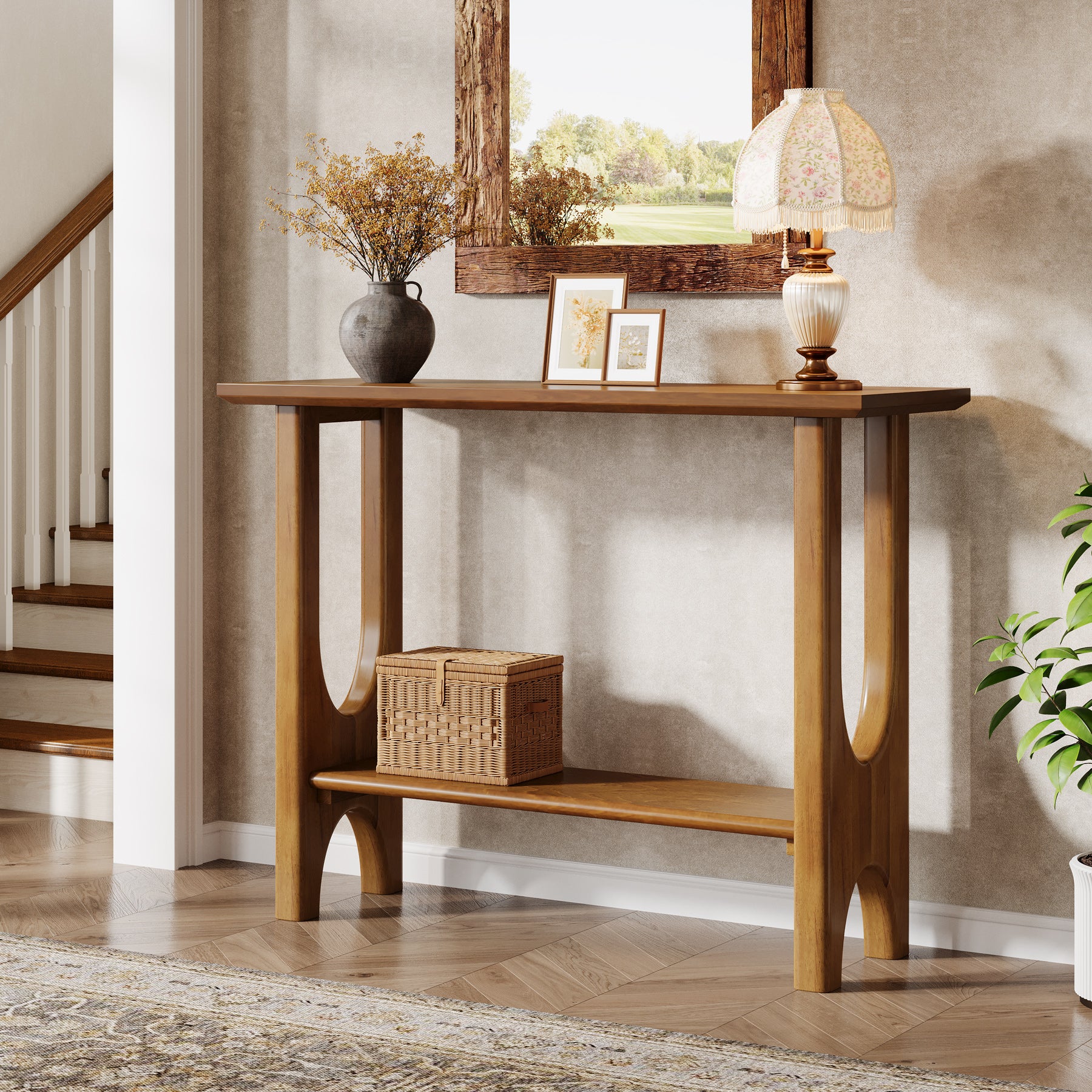 105 cm Entreetafel met 2 Niveaus, Moderne Consoletafel met Massief Houten Poten