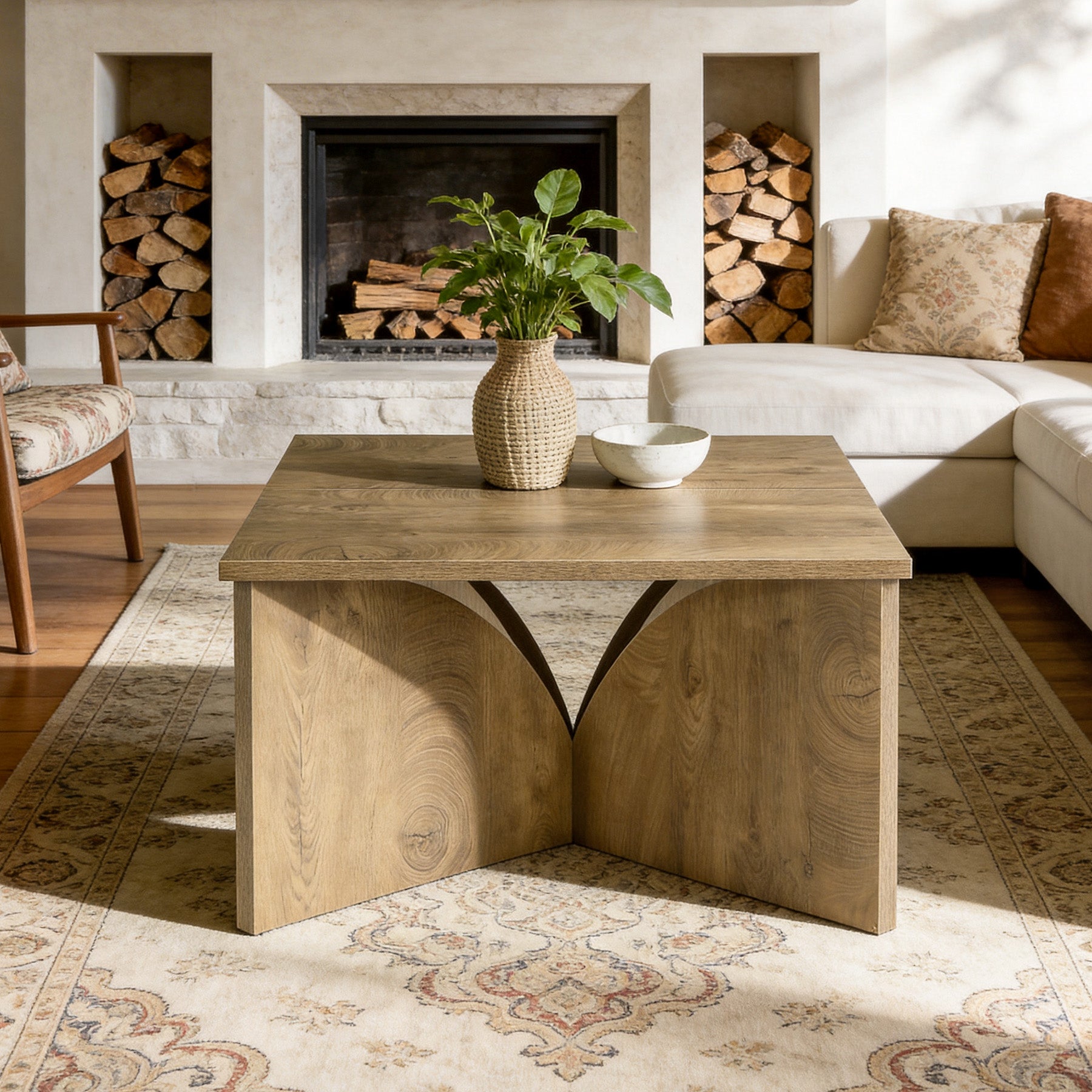 80 cm Vierkante Salontafel met Stevige Basis, Landelijke Houten Tafel voor Woonkamer