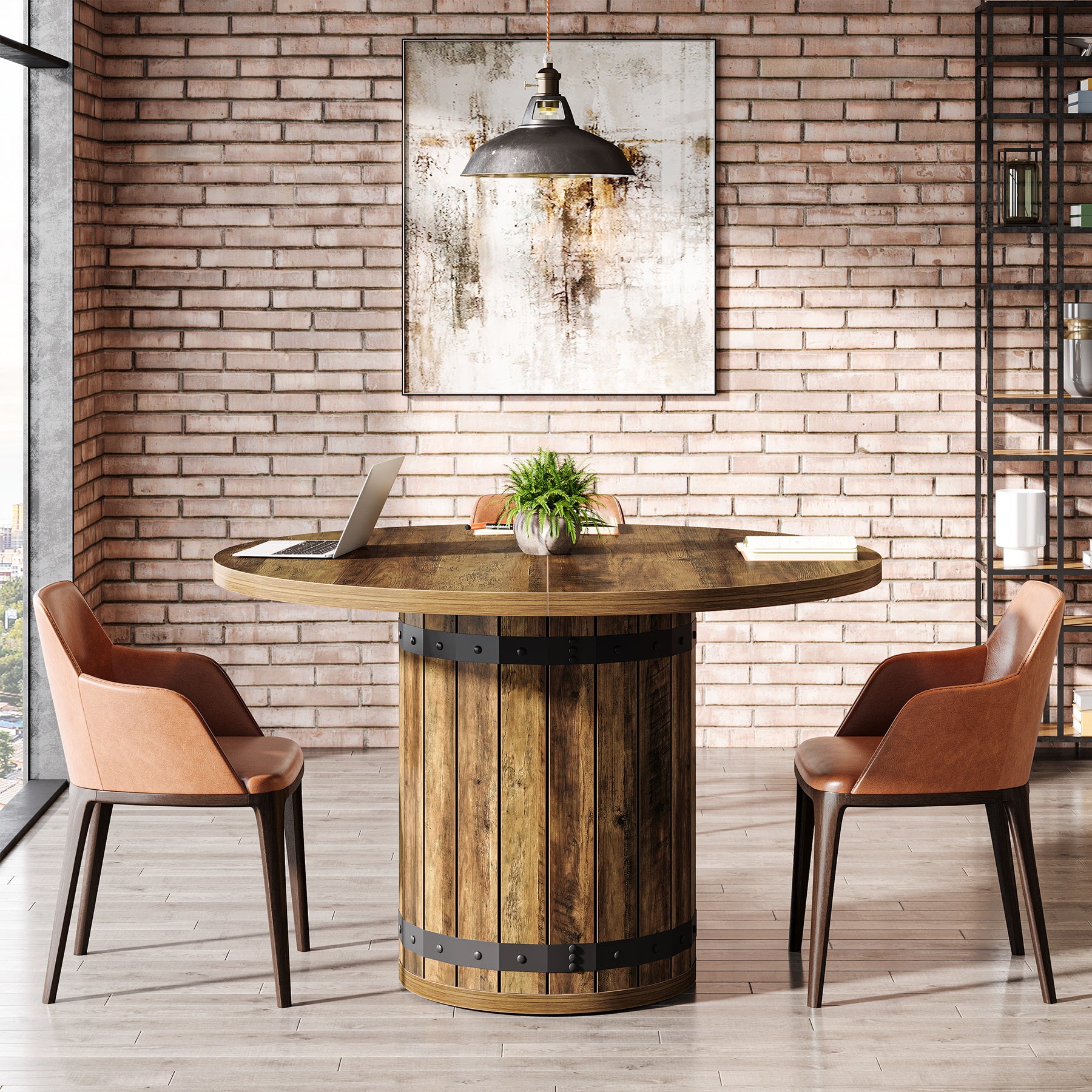 100cm Ronde Vergadertafel voor 4 Personen, Boerderijstijl met Hekwerk Basis voor Kantoor in Landelijk Bruin