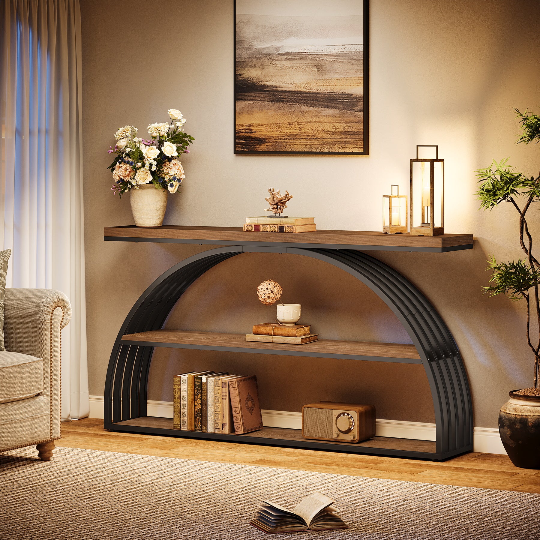 Consoletafel van 160 cm in Rustiek Bruin met Gebogen Frame, Industriële 3-Lagen Hal- en Banktafel voor Woonkamer en Entree