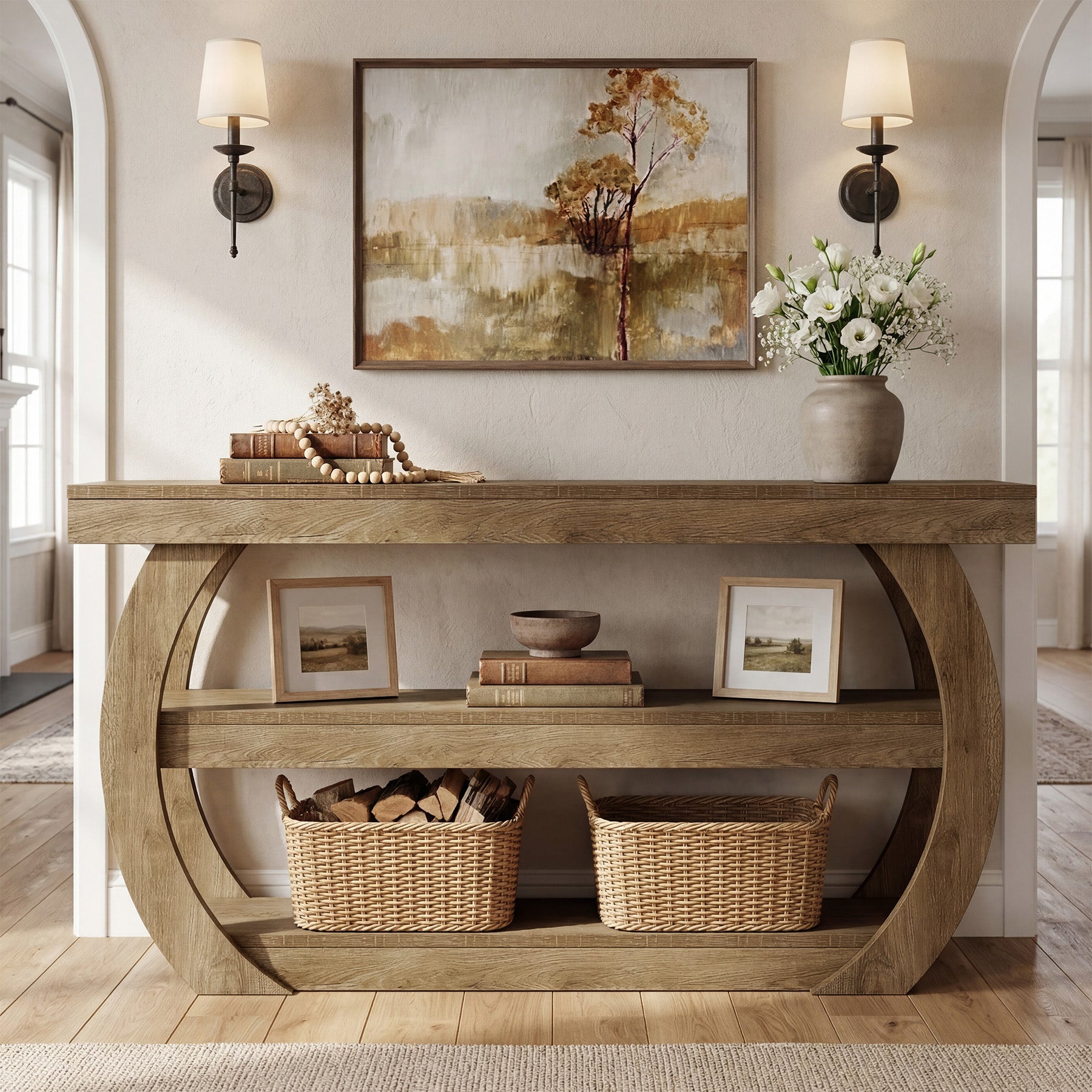 160 cm Landelijke Consoletafel met 3 Niveaus Opbergrekken, Houten Entreetafel voor Hal Woonkamer Achter Bank