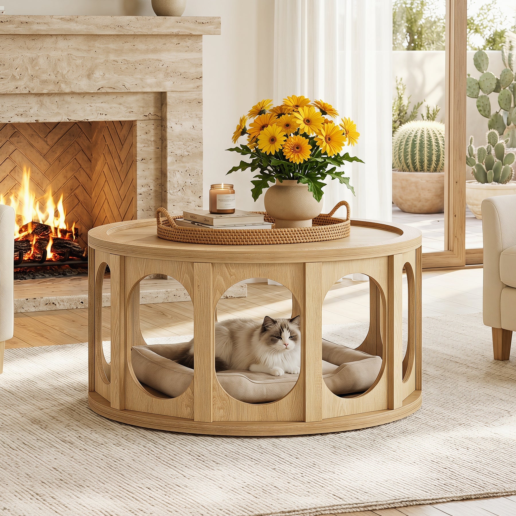 Tribesigns ronde salontafel van 80 cm met kattenhuisje, tweelaagse woonkamertafel met opbergruimte