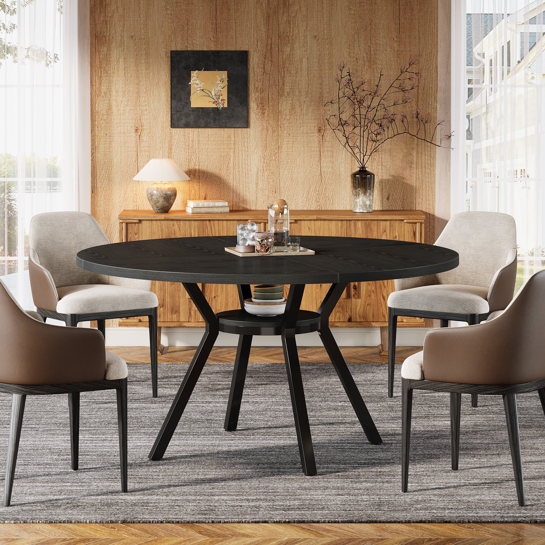 Ronde eettafel voor 4 personen, 120 cm met metalen frame en opbergvak in bruin