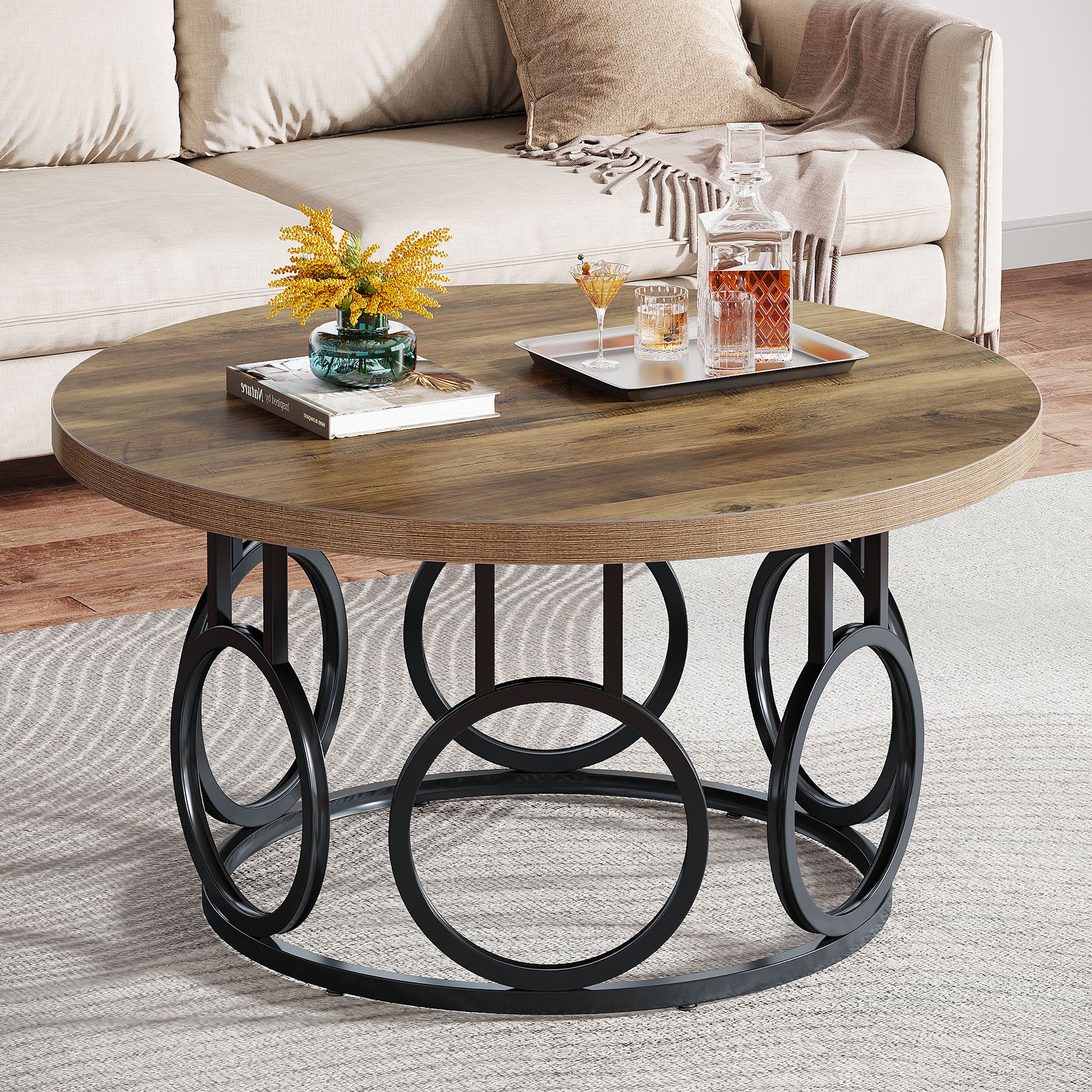 Ronde Salontafel 80 × 80 × 45 cm in Rustiek Hout, Moderne Industriële Tafel met Metalen Onderstel