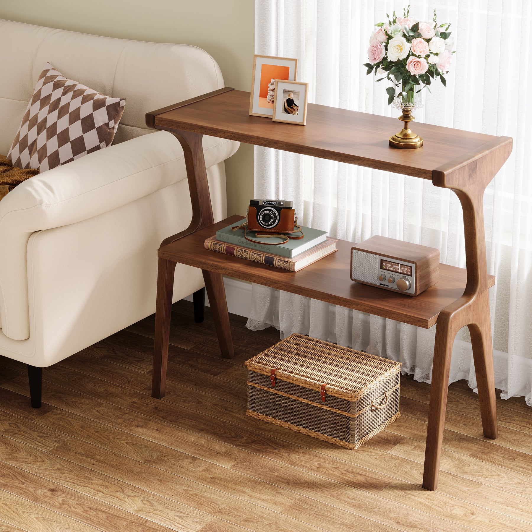 70 cm Tribesigns Bijzettafel van Massief Hout, Smalle 2-Laagse Tafel met Legplanken