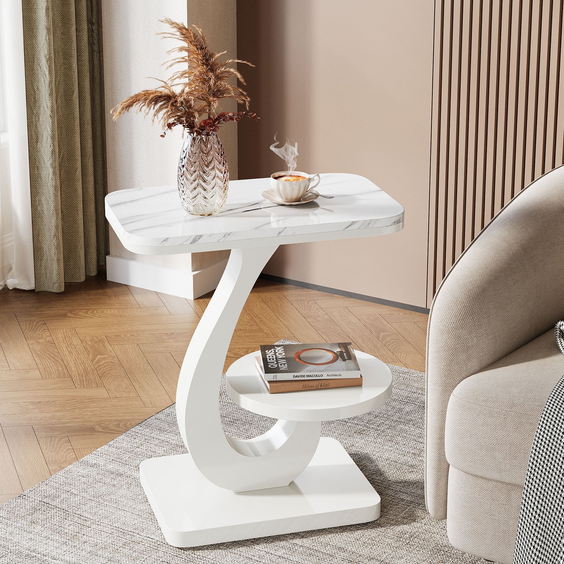 50 cm C-vormig Eindtafeltje met Marmerlook Blad, Modern 2-laags Bijzettafeltje voor Bank en Slaapkamer
