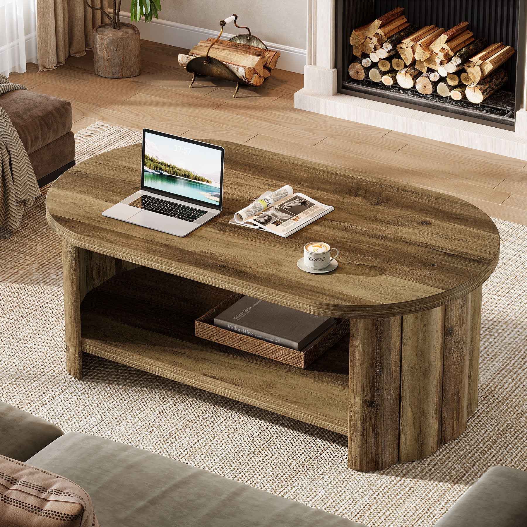 120 cm ovale salontafel, 2-laags accenttafel met opbergplank voor in de woonkamer