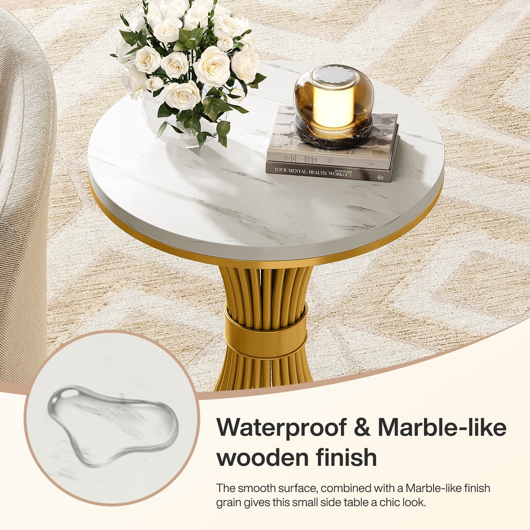 Tribesigns 20" Ronde Bijzettafel met Marmerlook Blad, Witte Bijzettafel met Goudkleurig Metalen Onderstel