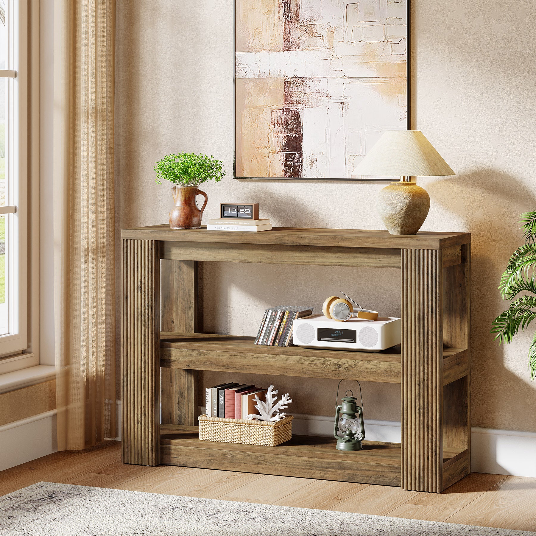 105 cm Landelijke Consoletafel met 3 Planken, Smalle Banktafel