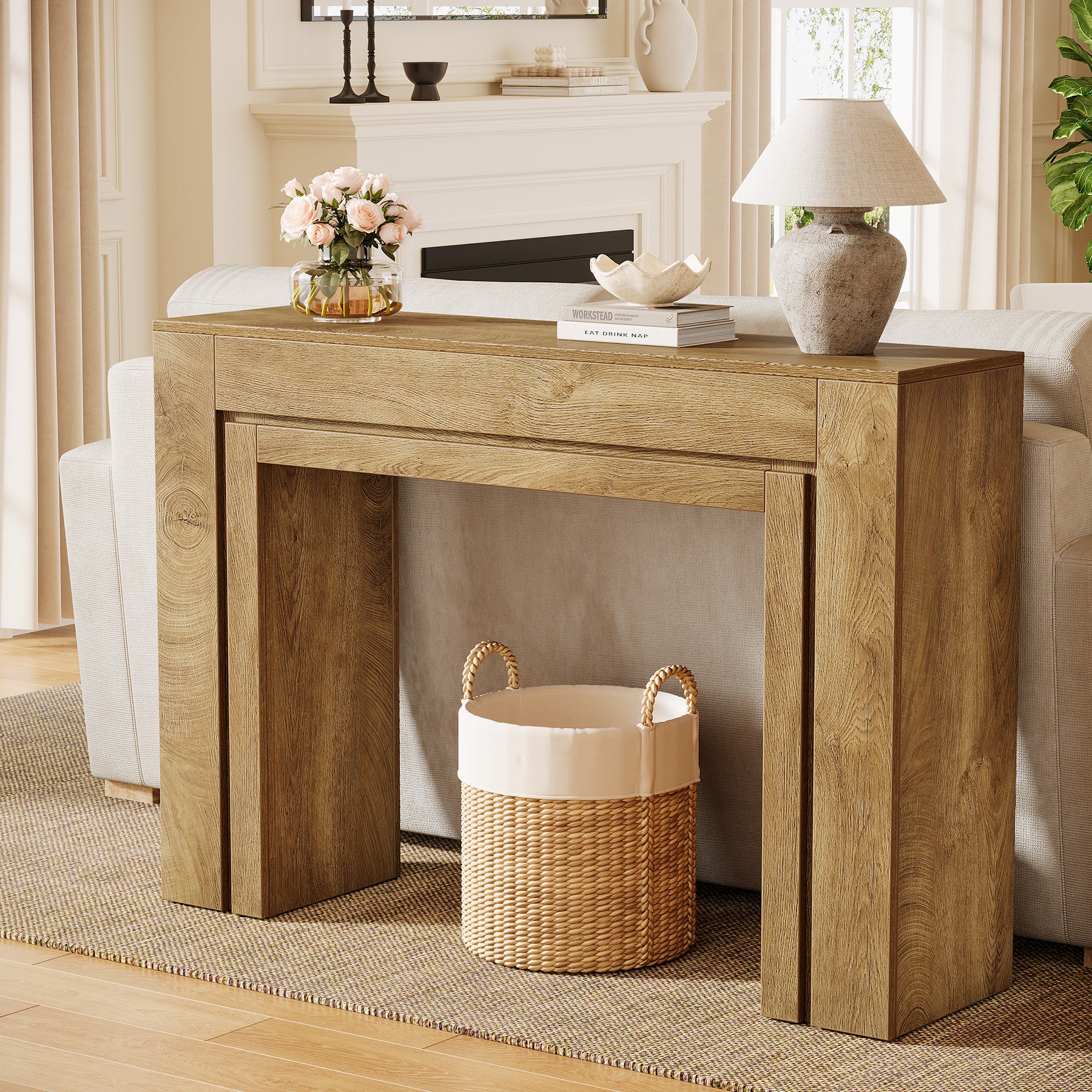 105 cm Landelijke Consoletafel met Dubbele Basis, Smalle Entreetafel voor Hal Woonkamer en Foyer