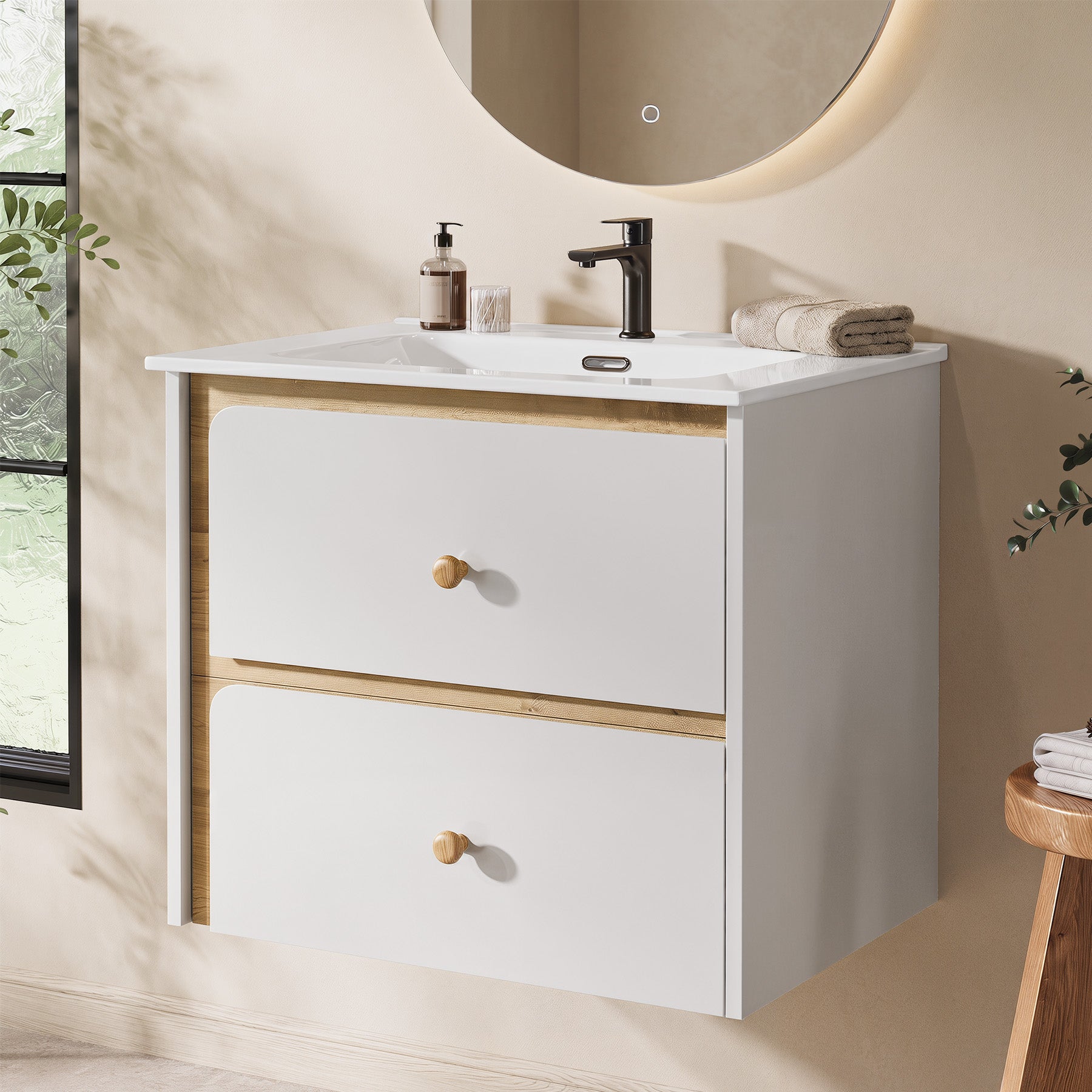 Tribesigns Hangende wastafel met keramieken waskom, Modern badkamermeubel wandgemonteerd met soft-close-deur