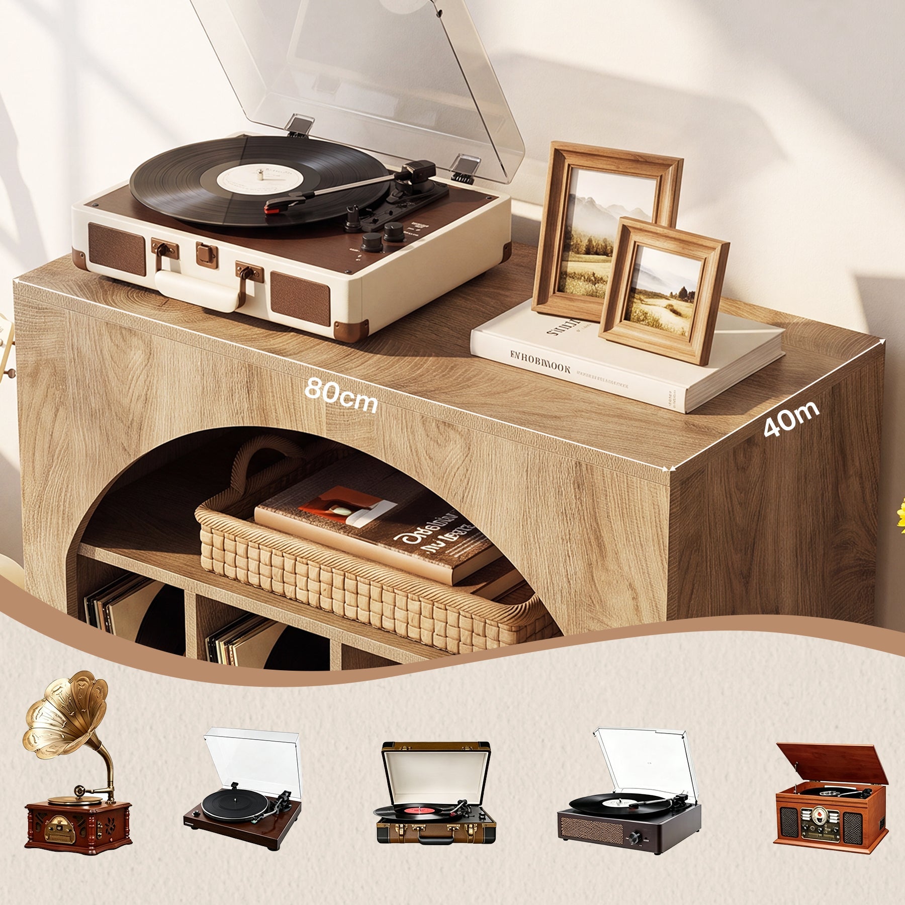 Tribesigns platenspelermeubel met opbergruimte, vinylkast met 2 niveaus in retrostijl