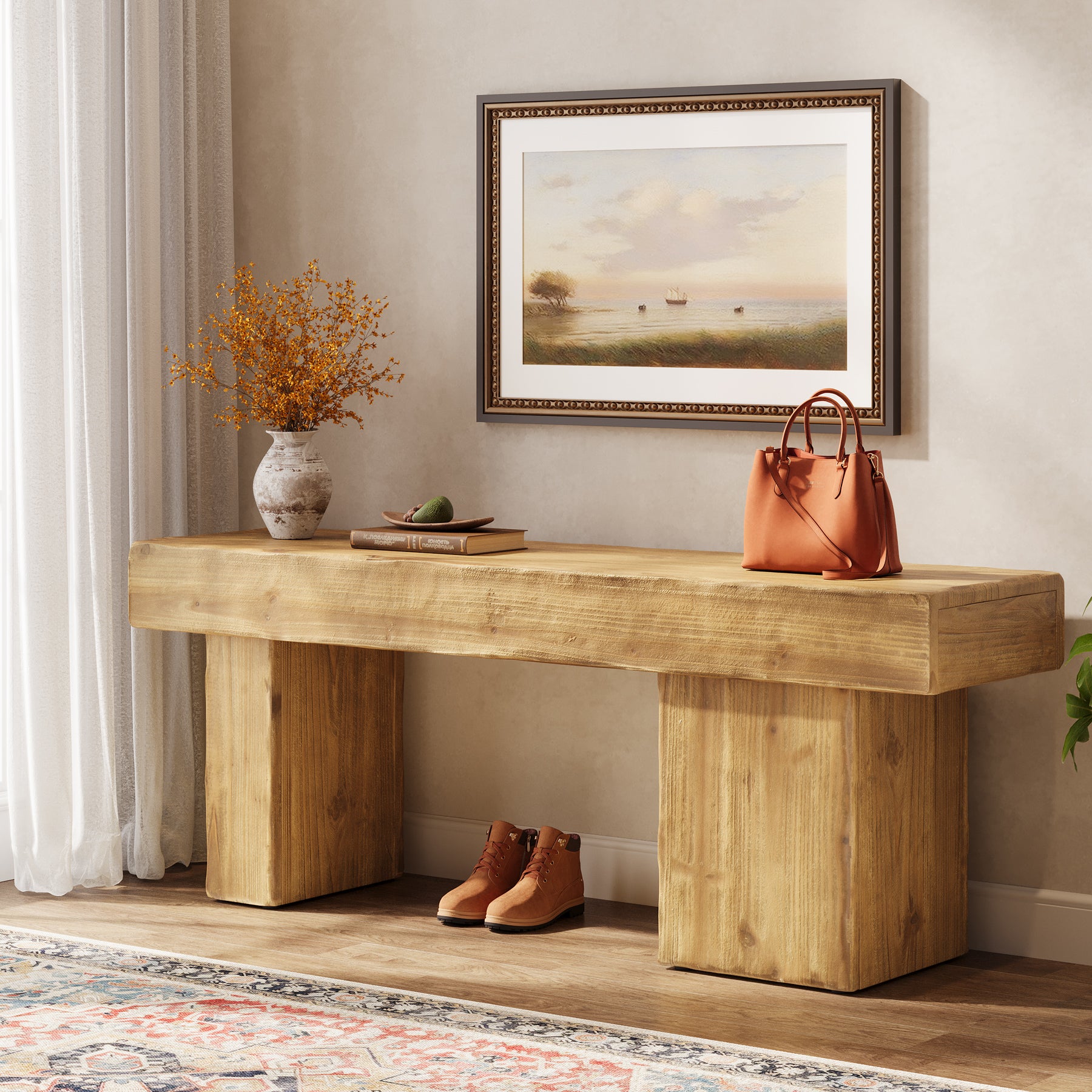 Tribesigns 119 cm massief houten halbank, farmhouse zitbank met dikke zitting