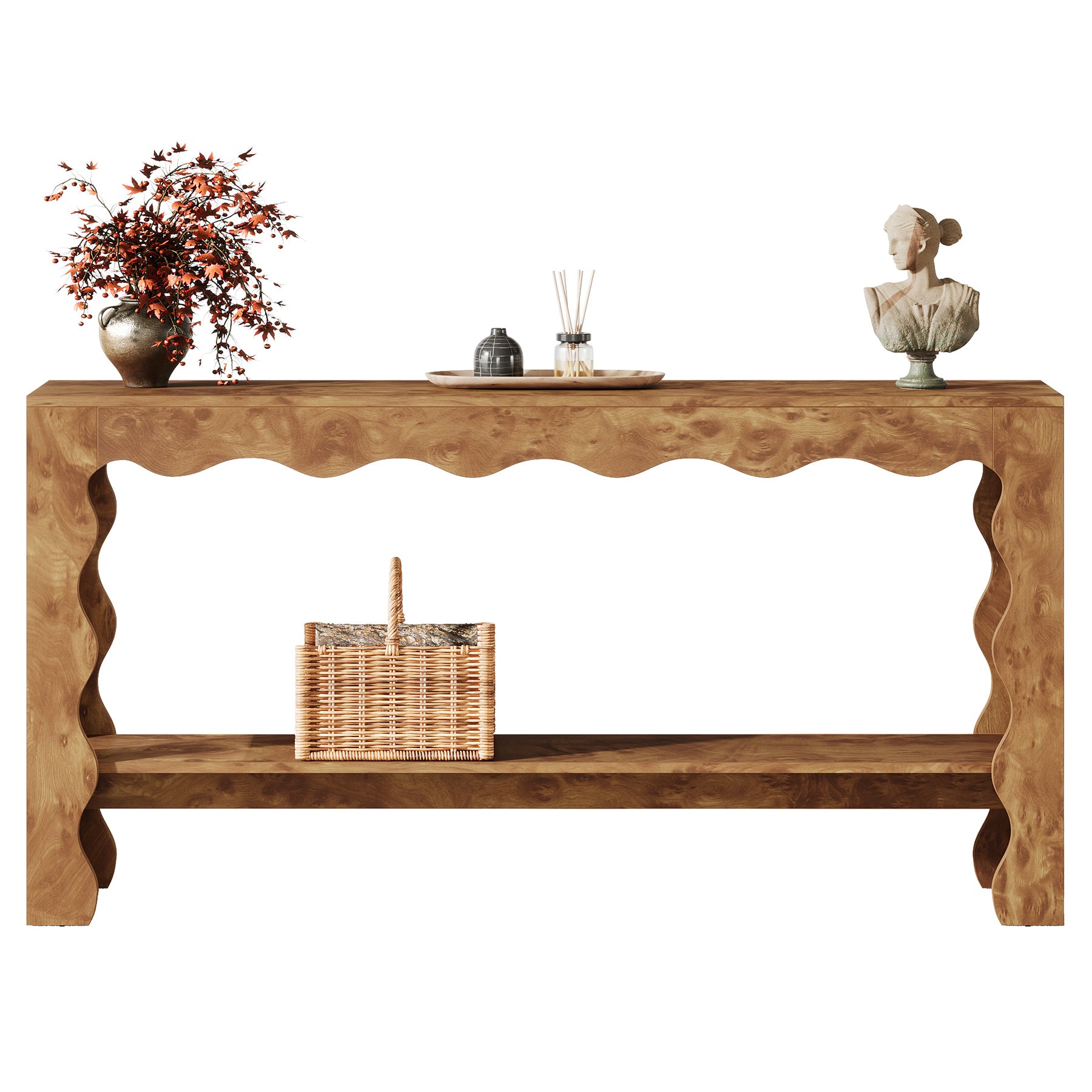 160 cm Moderne Landelijke Consoletafel met Golfrand, Smalle Haltafel met Opberdschap voor Woonkamer en Entree