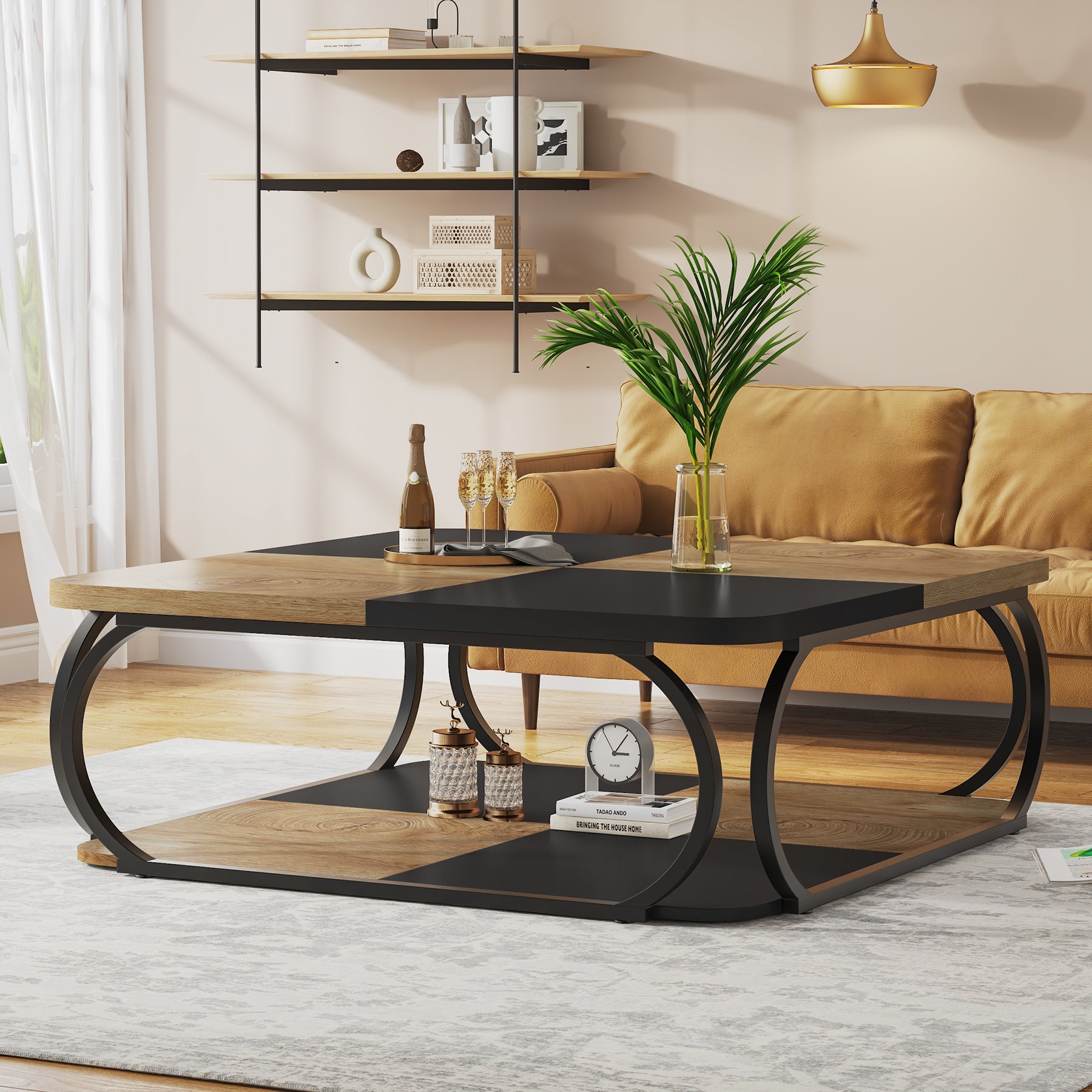 100 cm Vierkante Salontafel met Dubbele Planken, Landelijke Tafel met Metal Frame
