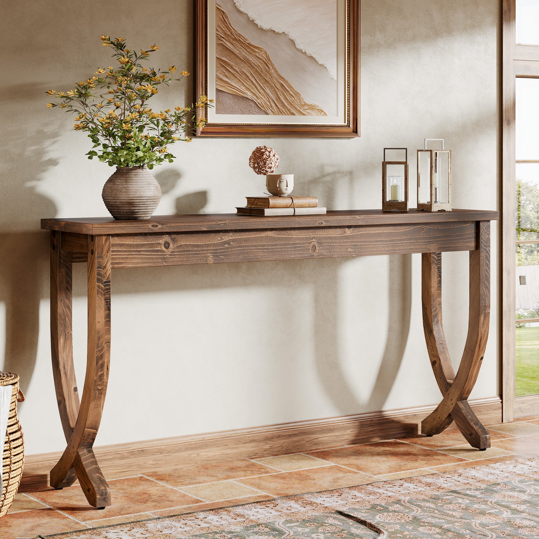 160 cm Massief Houten Consoletafel in Landelijke Stijl, Lange Haltafel voor Woonkamer