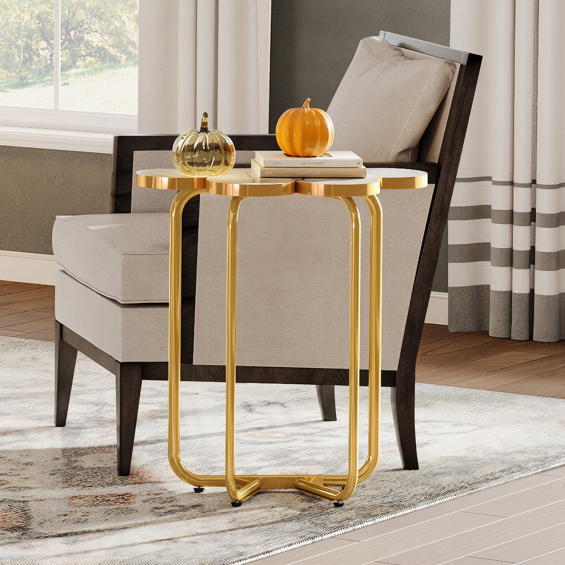 66 cm Smalle Bijzettafel, Halfronde Nachtkastje met Gouden Frame en Marmer Print