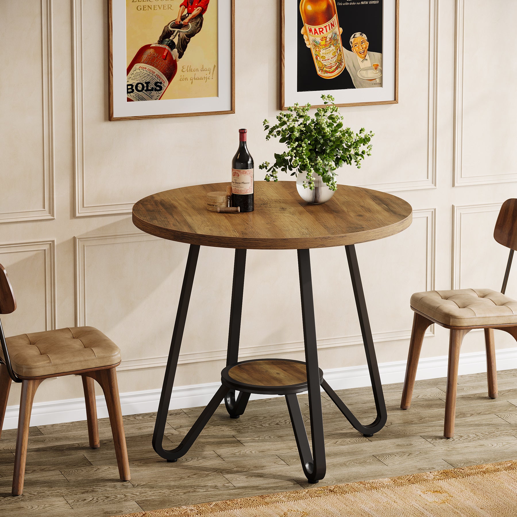 80 cm Ronde Eettafel met Dubbele Legplanken, Industriële Keukentafel voor 2 Personen