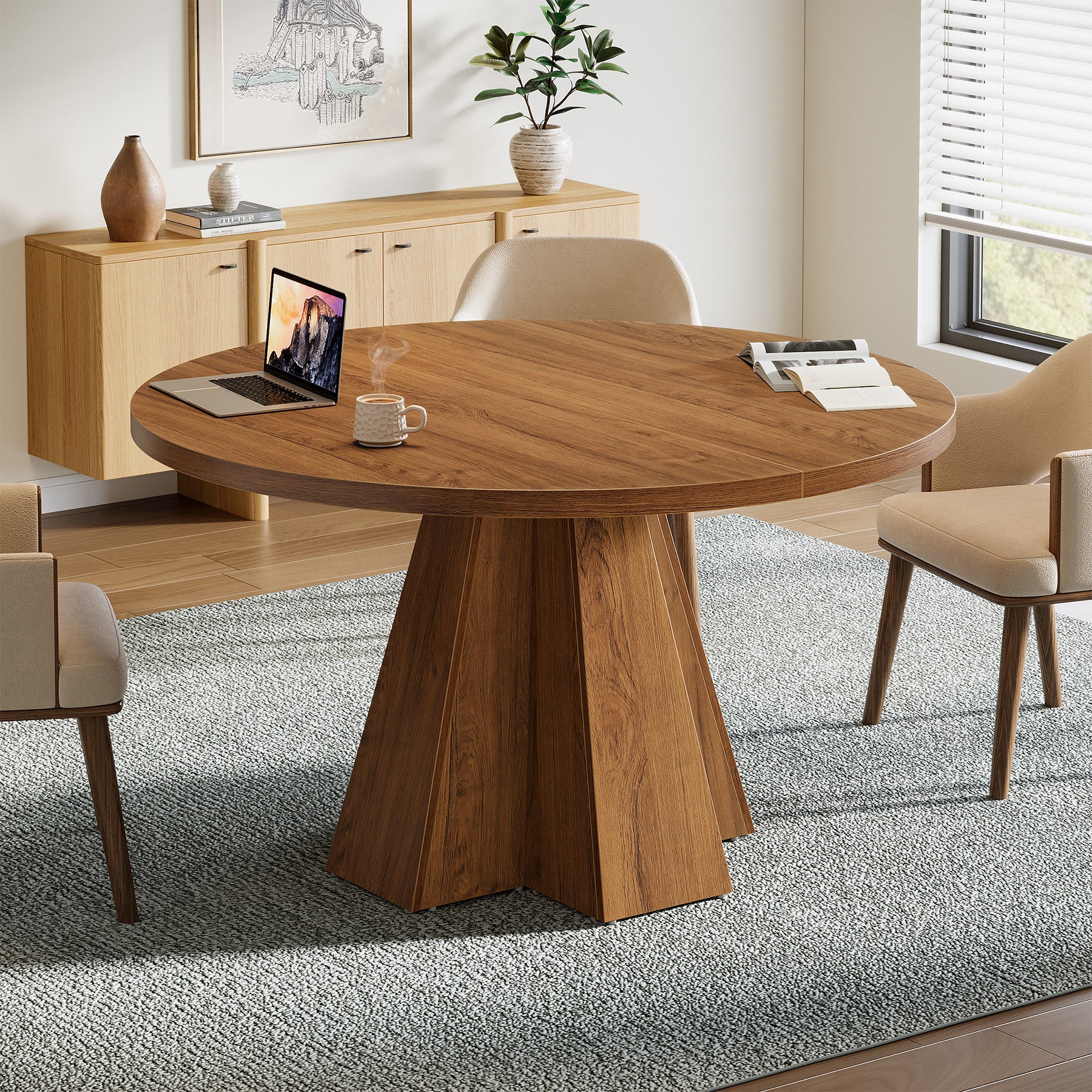 Tribesigns Ronde Conferentietafel 118 cm met Dik Tafelblad, Compacte Vergadertafel met Taps Toelopende Basis voor Kantoor en Kleine Ruimtes