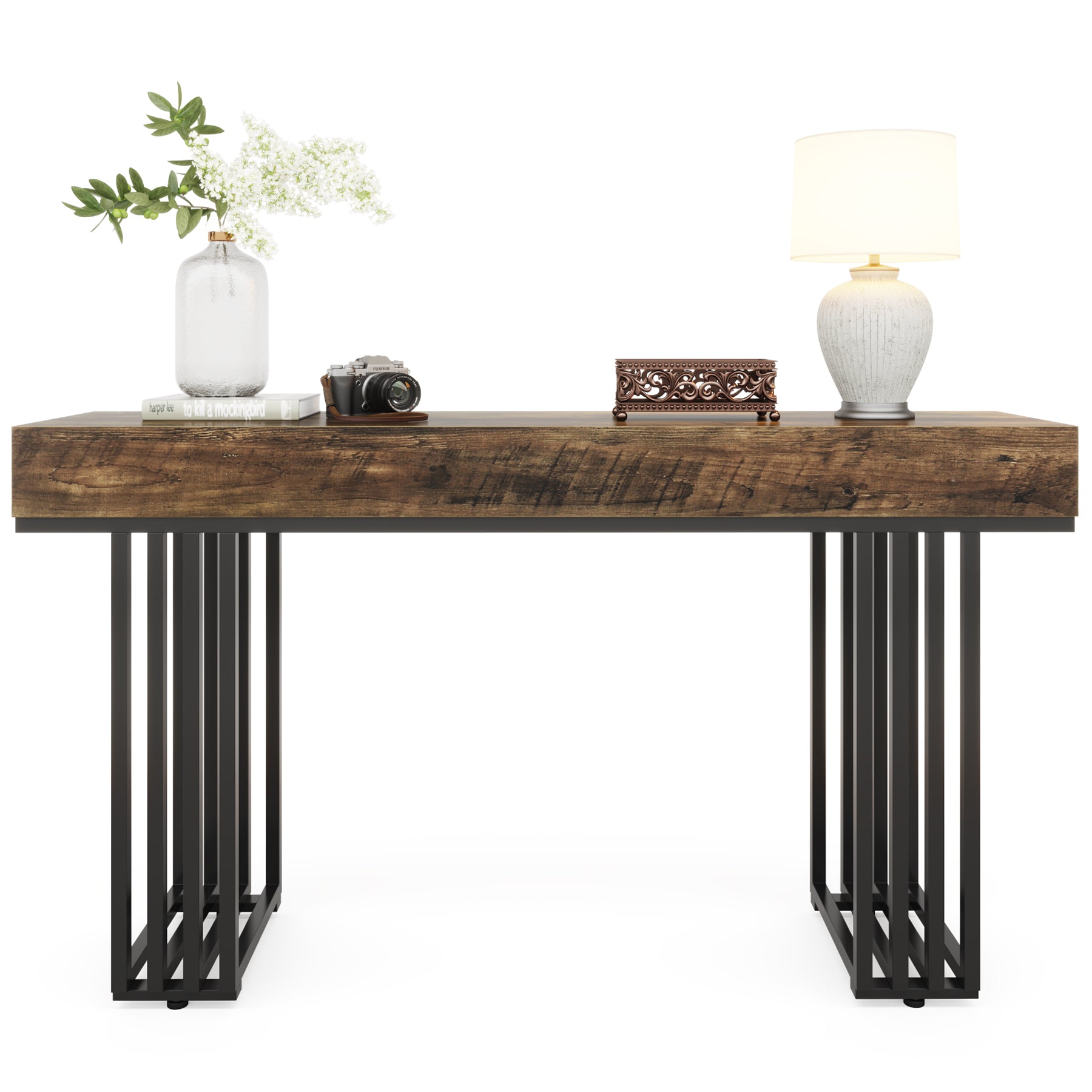 Rustieke bruine consoletafel met 2 lades, 2-laags smalle Rustieke bruine consoletafel met 2 lades, 2-laags smalle