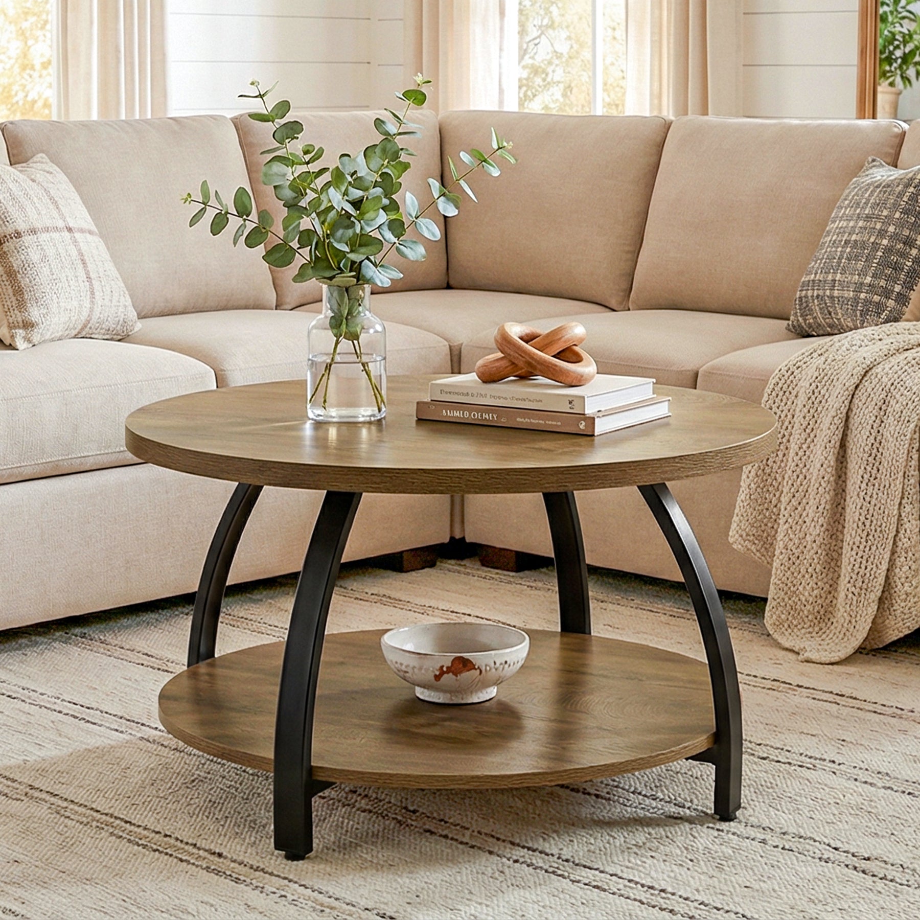 Tribesigns Ronde Salontafel van 80 cm met 2 Niveaus Opbergruimte, Centrale Woonkamertafel