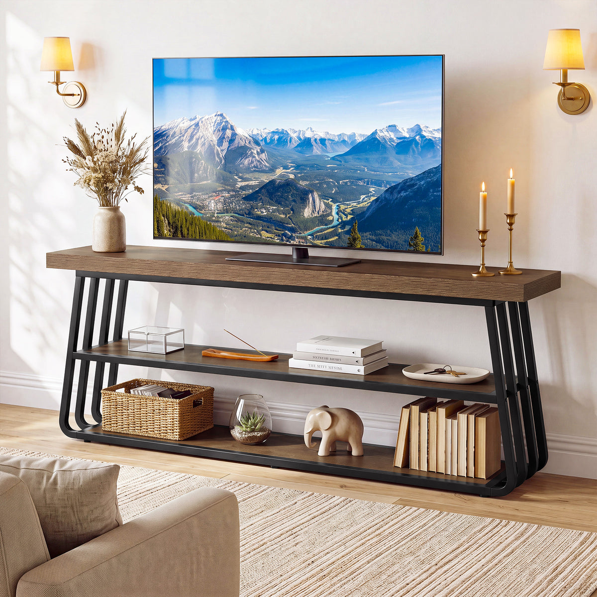 160 cm tv-meubel met 3-laags open opbergrek en metalen frame, industriële tv-kast voor woonkamer en entertainmentruimte