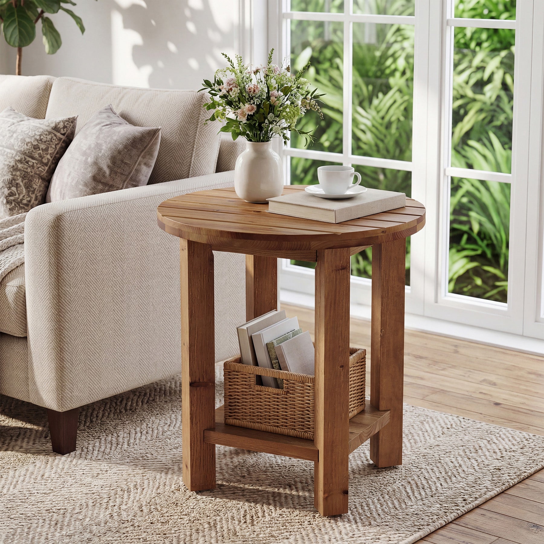 50 cm Tribesigns Ronde Bijzettafel, Massief Houten Tafel met Opbergplank