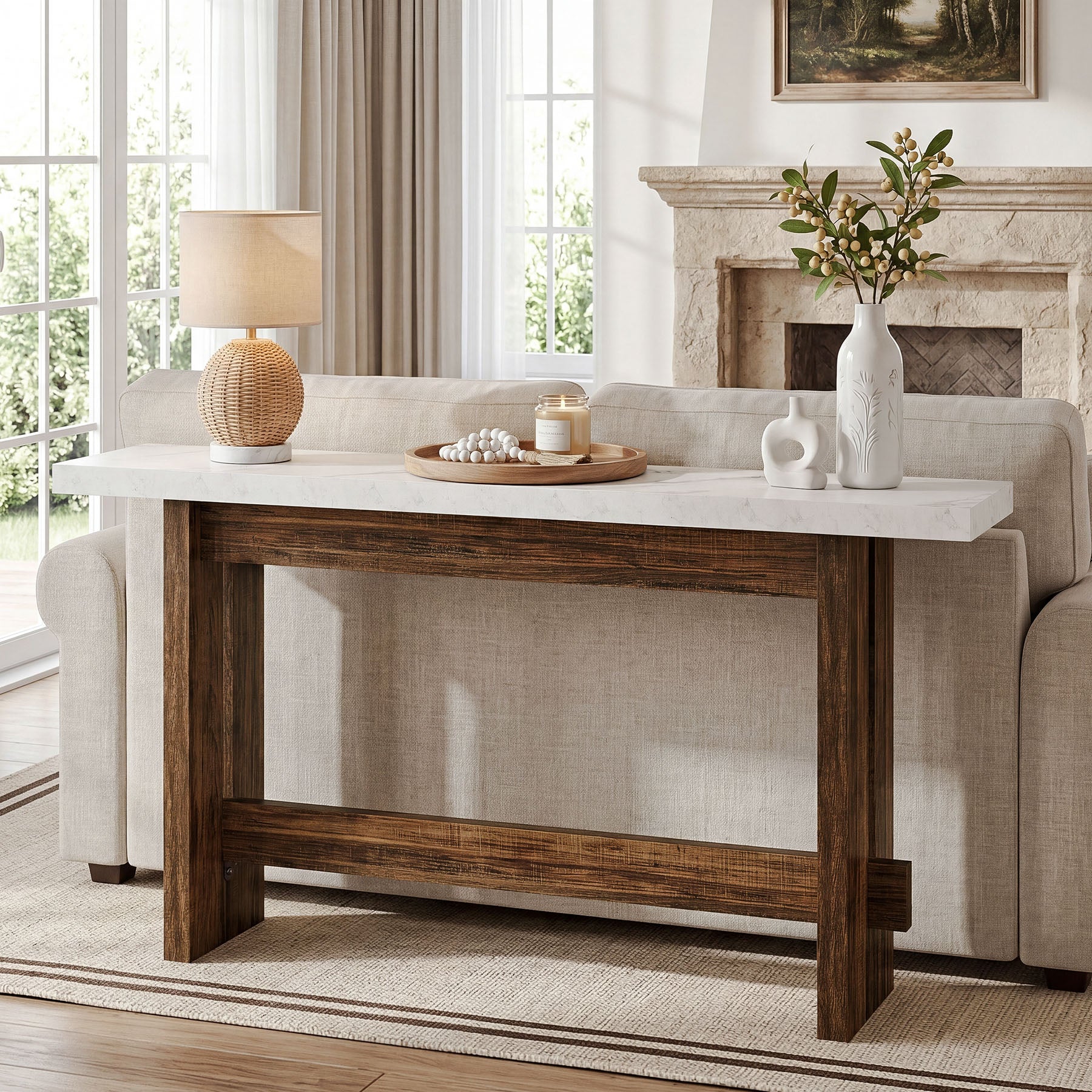 160 cm farmhouse consoletafel met marmerlook blad, smalle sidetable voor entree en woonkamer