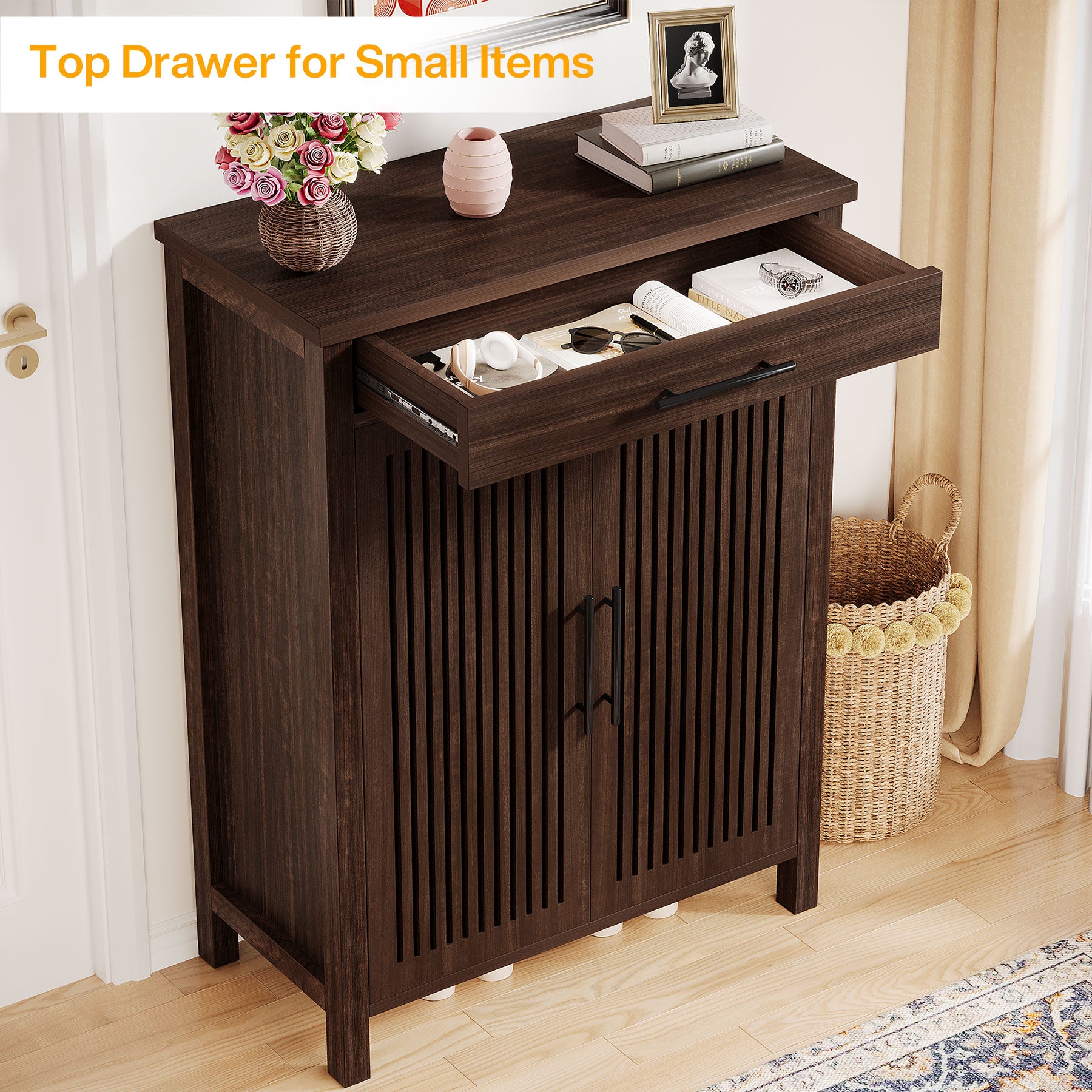 Smal Schoenenmeubel 80 cm, Verstelbare Kast Met 5 Planken En Lamellendeuren