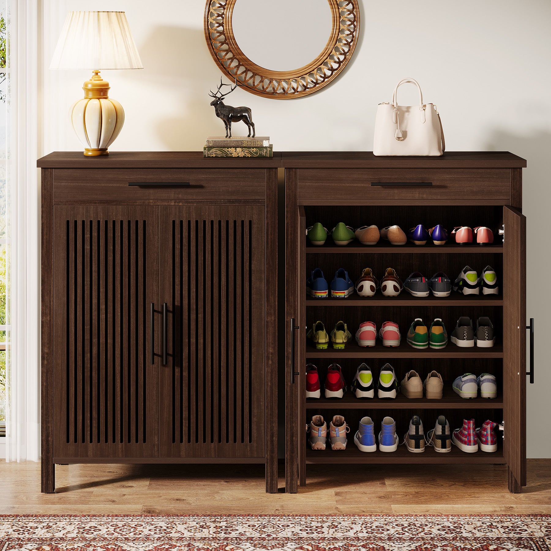 Smal Schoenenmeubel 80 cm, Verstelbare Kast Met 5 Planken En Lamellendeuren