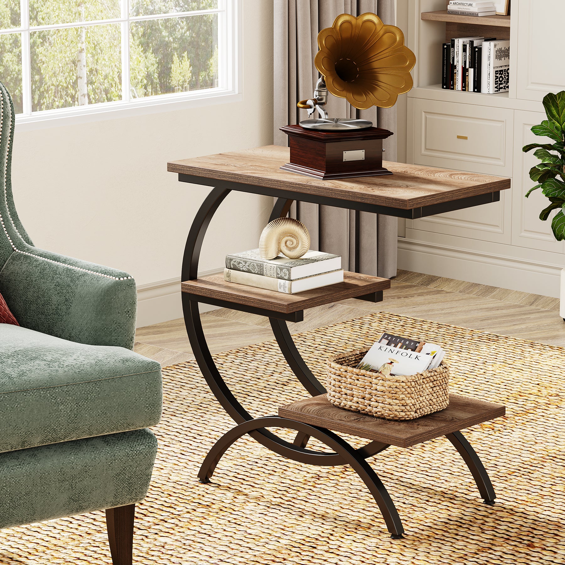 Industrial C-vormige 3-laags tafel, Rustieke bruine bijzettafel met opbergplanken voor kleine ruimtes