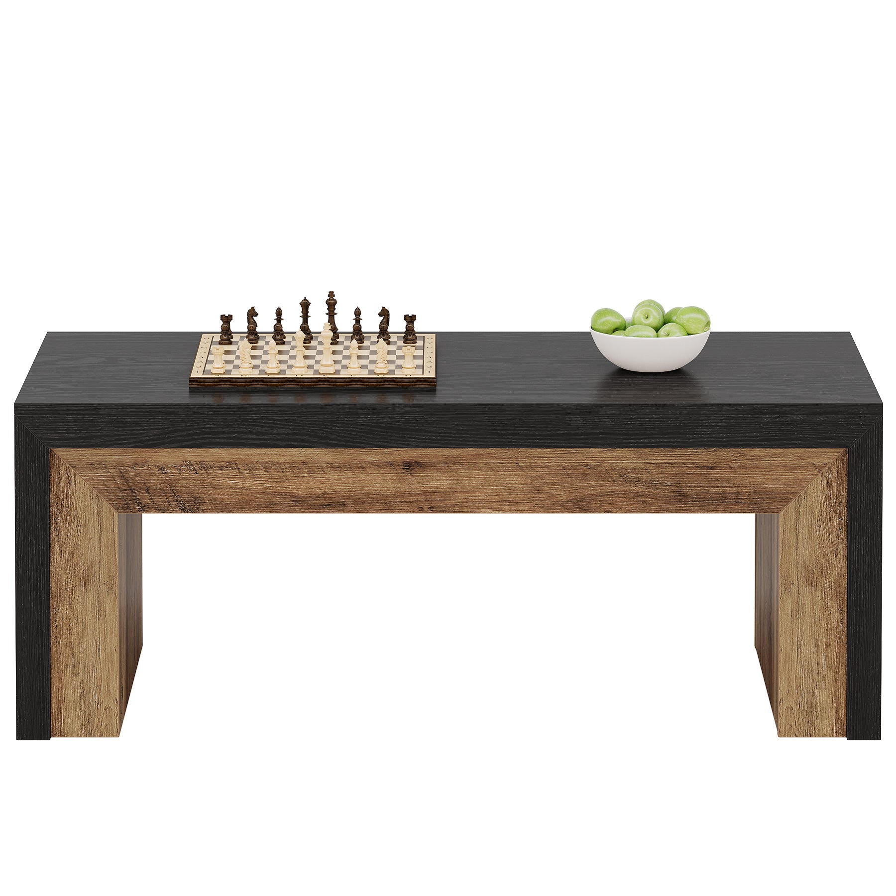 120 cm Farmhouse Salontafel in Zwart en Walnoot, Grote Rechthoekige Center Table met Stevige Basis