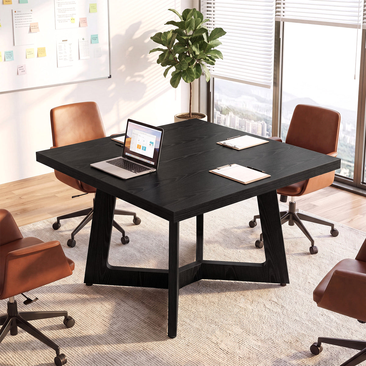 100 cm vierkante vergadertafel voor 2-4 personen met zwart design en stevige trapeziumpoten, kantoortafel voor kantoor