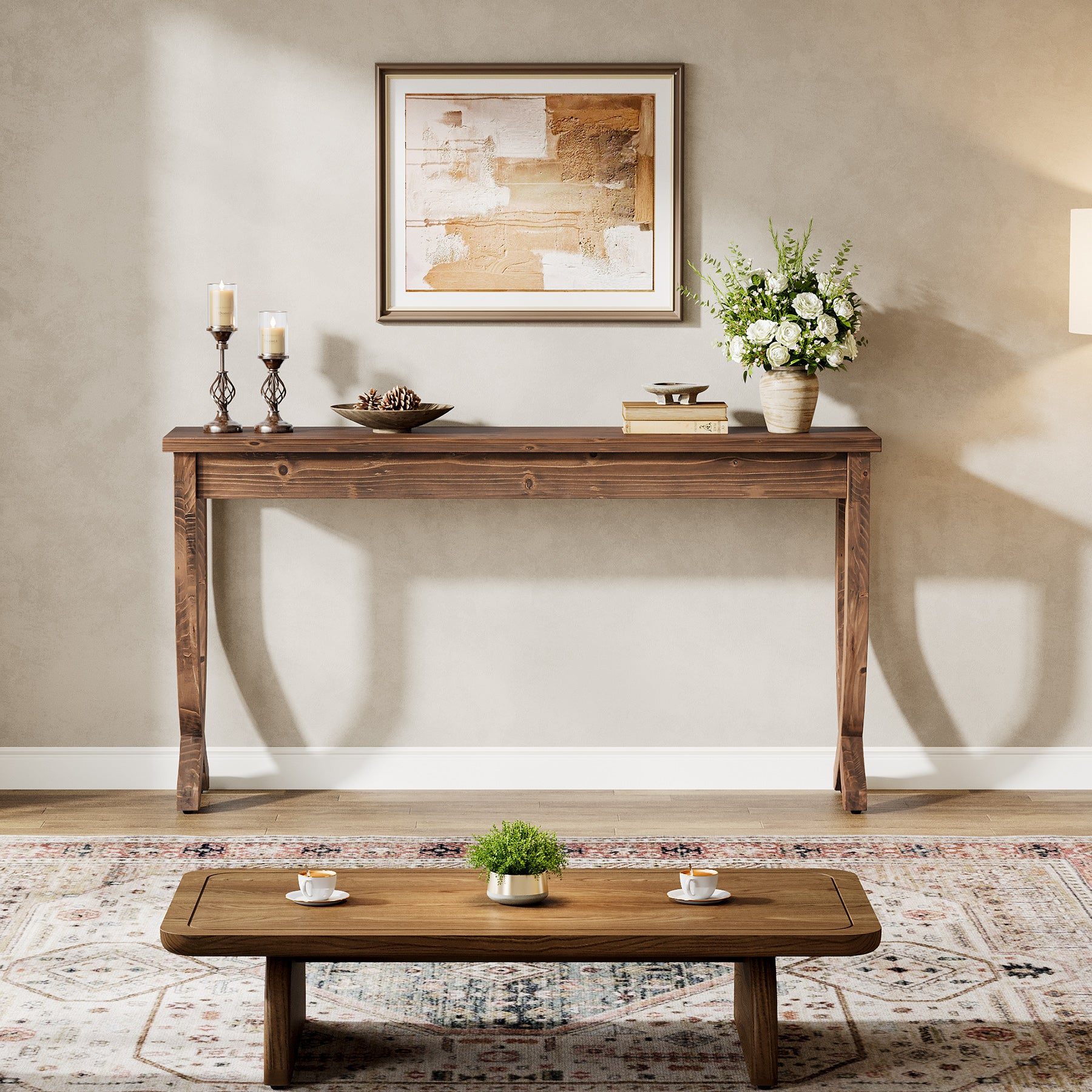 160 cm Massief Houten Consoletafel in Landelijke Stijl, Lange Haltafel voor Woonkamer