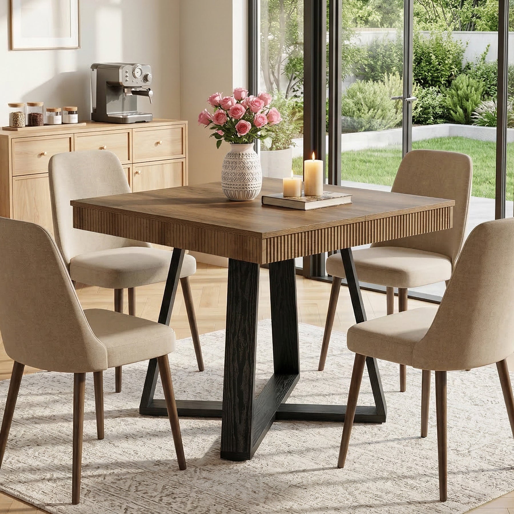 80 cm Vierkante Eettafel voor 4 Personen, Landelijke Houten Tafel met Geribbelde Rand en X-Basis voor Kleine Ruimtes
