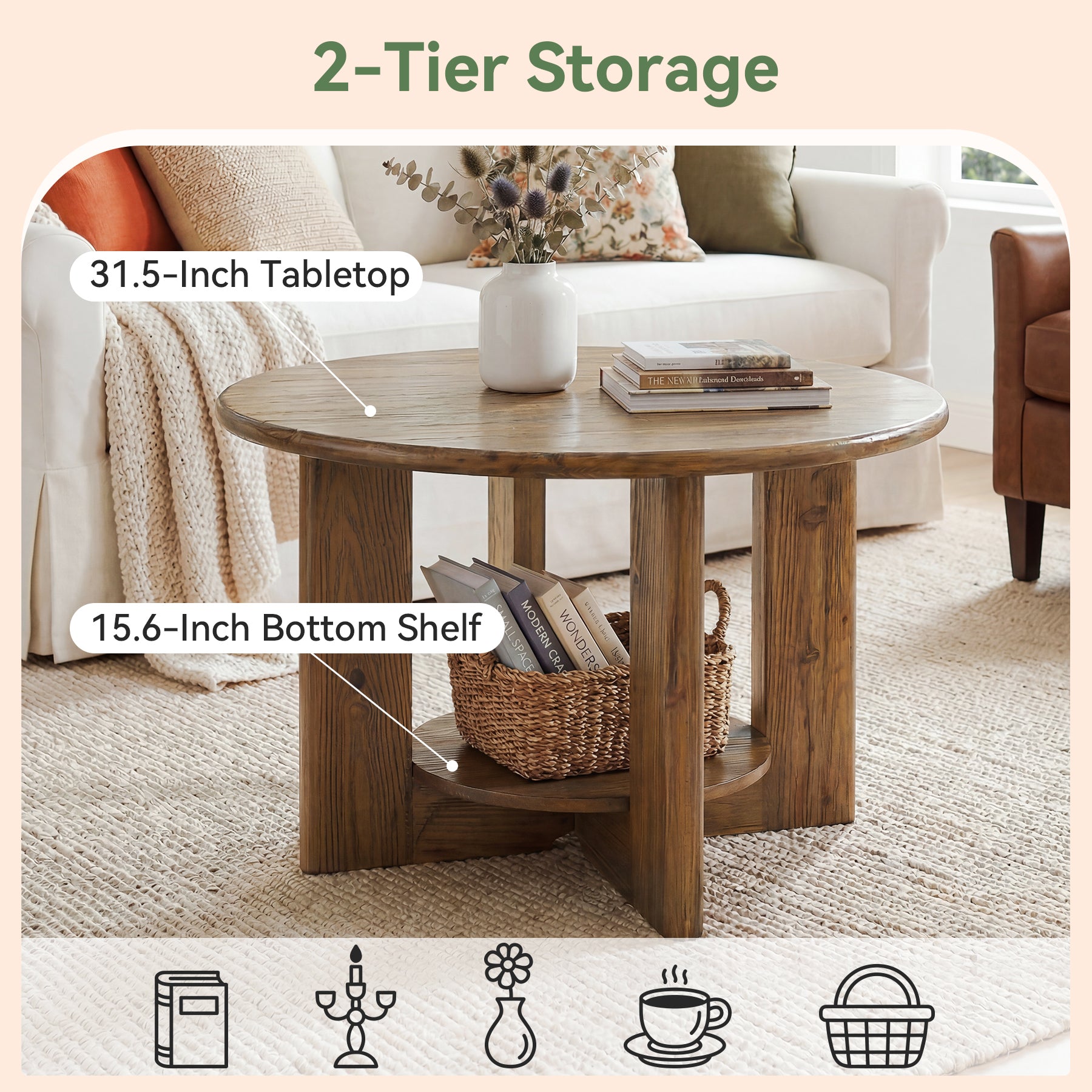 Tribesigns 80 cm Salontafel, Ronde 2-Laags Tafel met Opbergrek voor Woonkamer