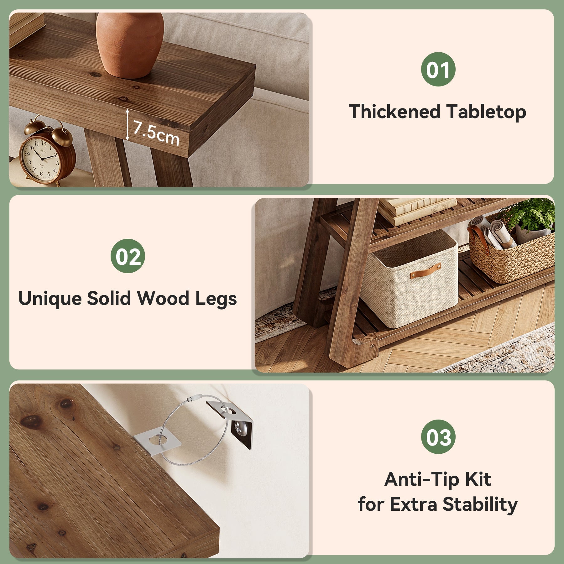 Tribesigns massief houten consoletafel van 105 cm met 3 legplanken, landelijke haltafel met A-frame