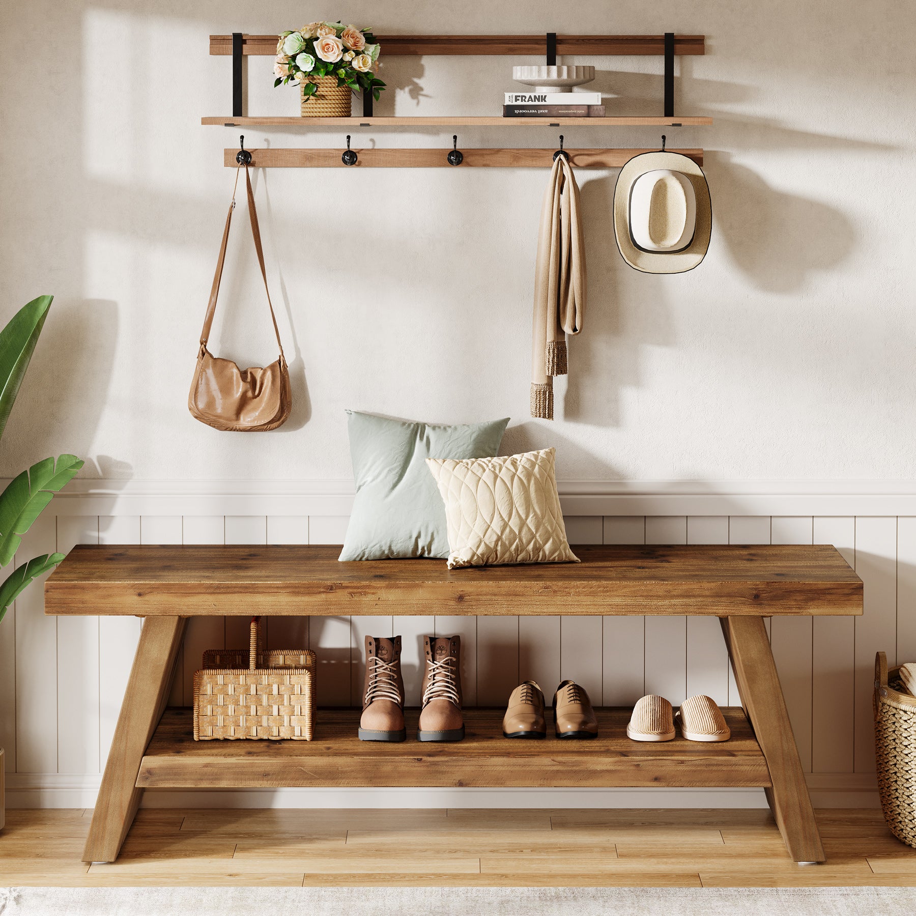 120 cm Massief Houten Schoenenbank in Rustiek Bruin