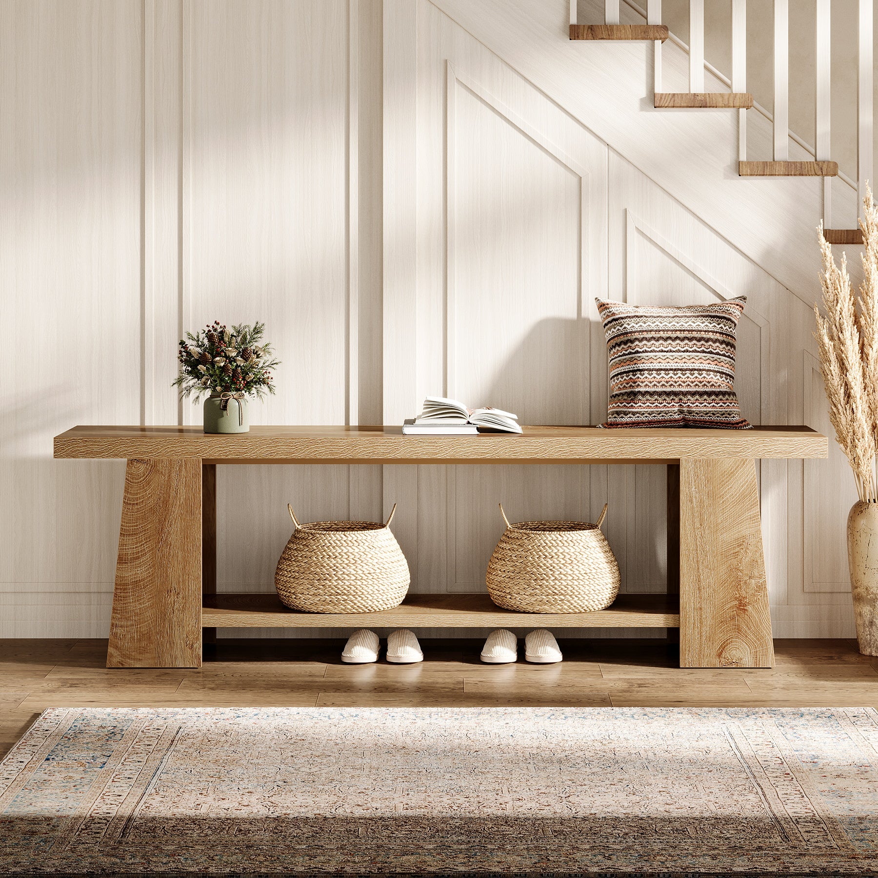 Tribesigns Schoenbank 150 cm met planken, Extra lange zitbank in landhuisstijl voor hal & slaapkamer
