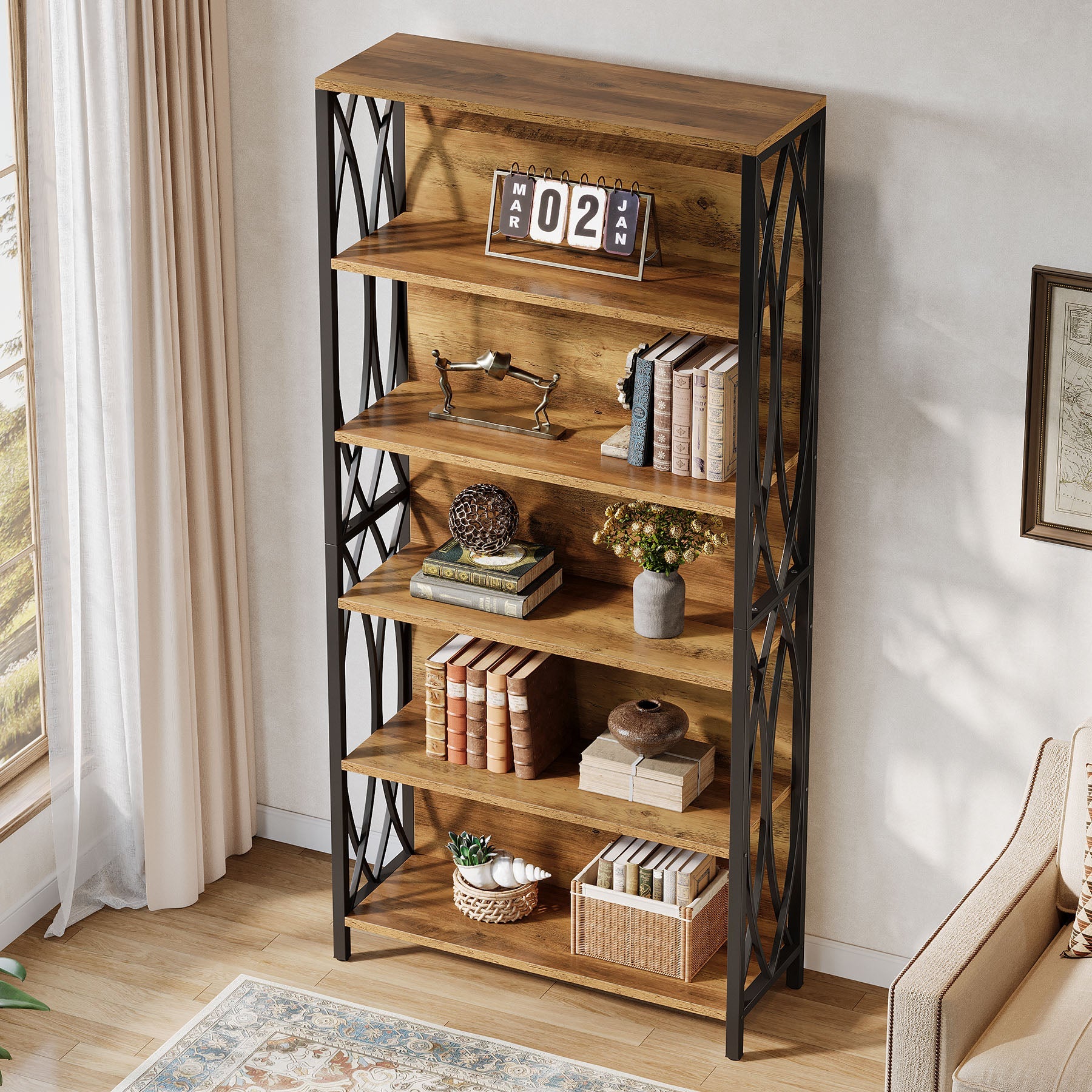 6-lags Boekenkast, 180 cm Industriële Boekenkast met Geometrisch Metalen Frame