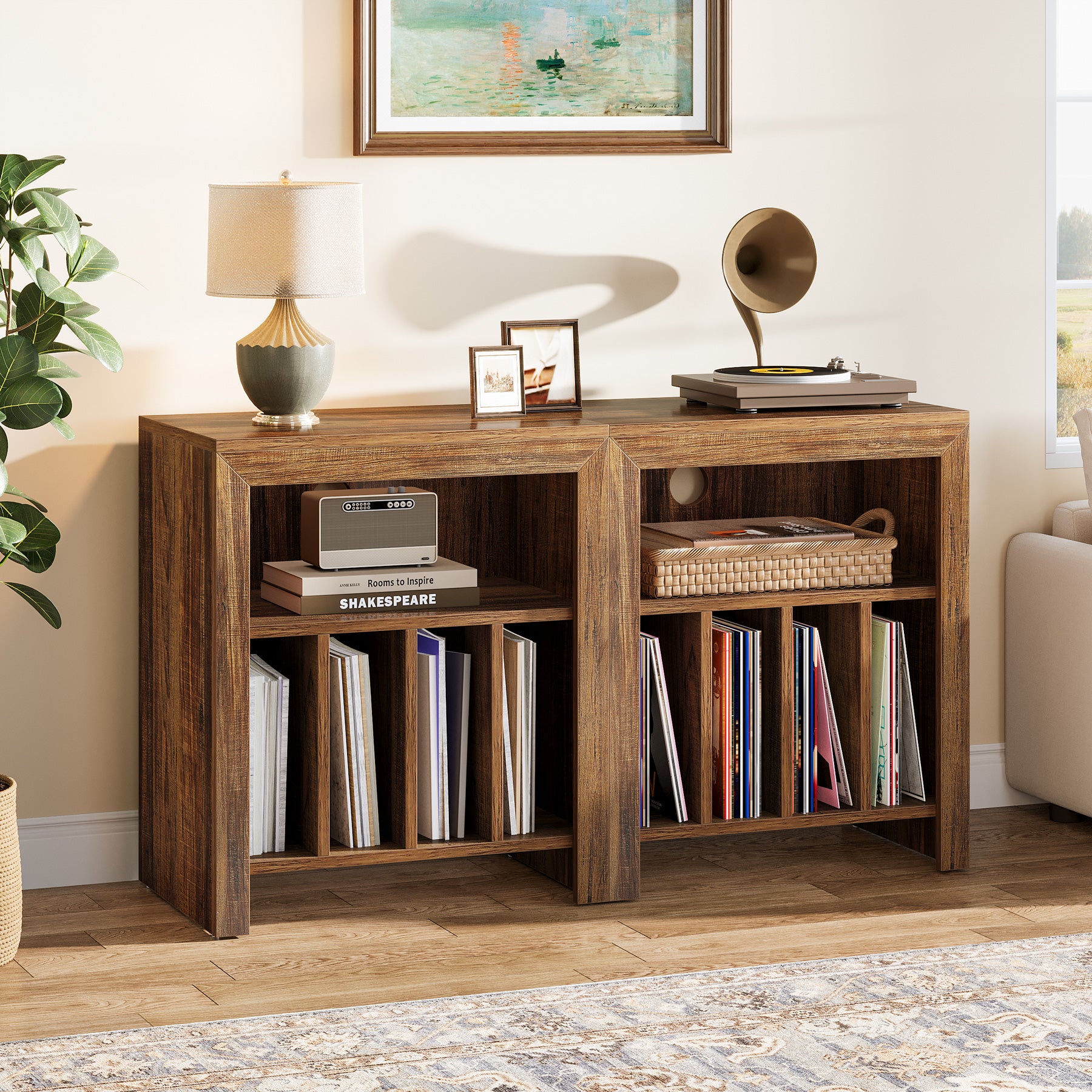 60 cm Vinylplaten Bijzettafel met 3 Etages, Industrieel Opbergmeubel in Rustiek Bruin