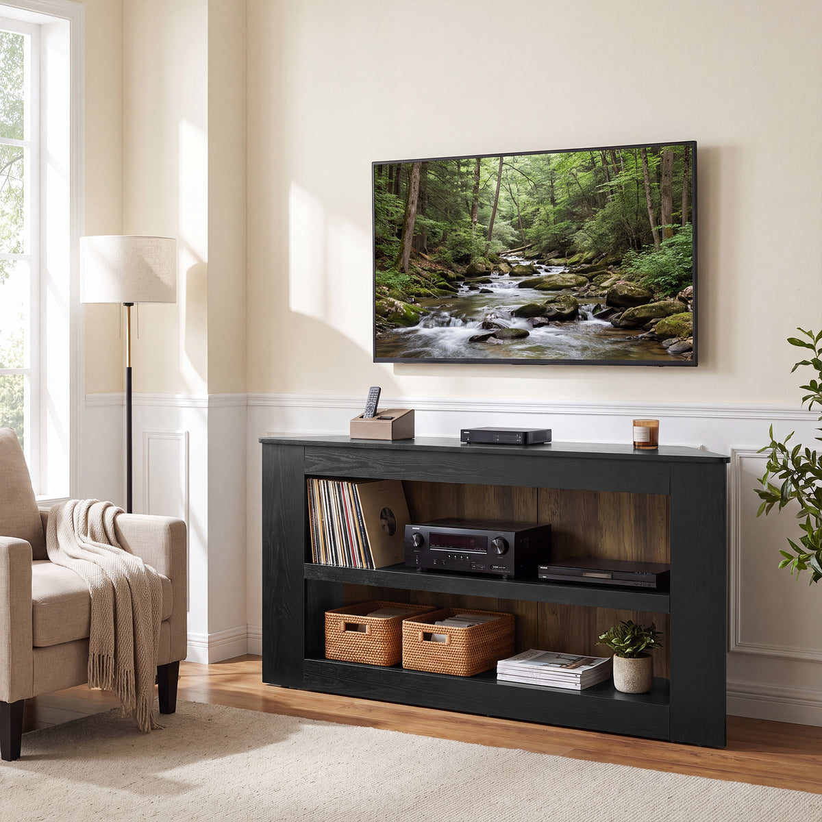 Tribesigns 150 cm hoek tv-meubel met 2-laags open opbergruimte en trapeziumvorm, moderne tv-kast voor woonkamer en slaapkamer