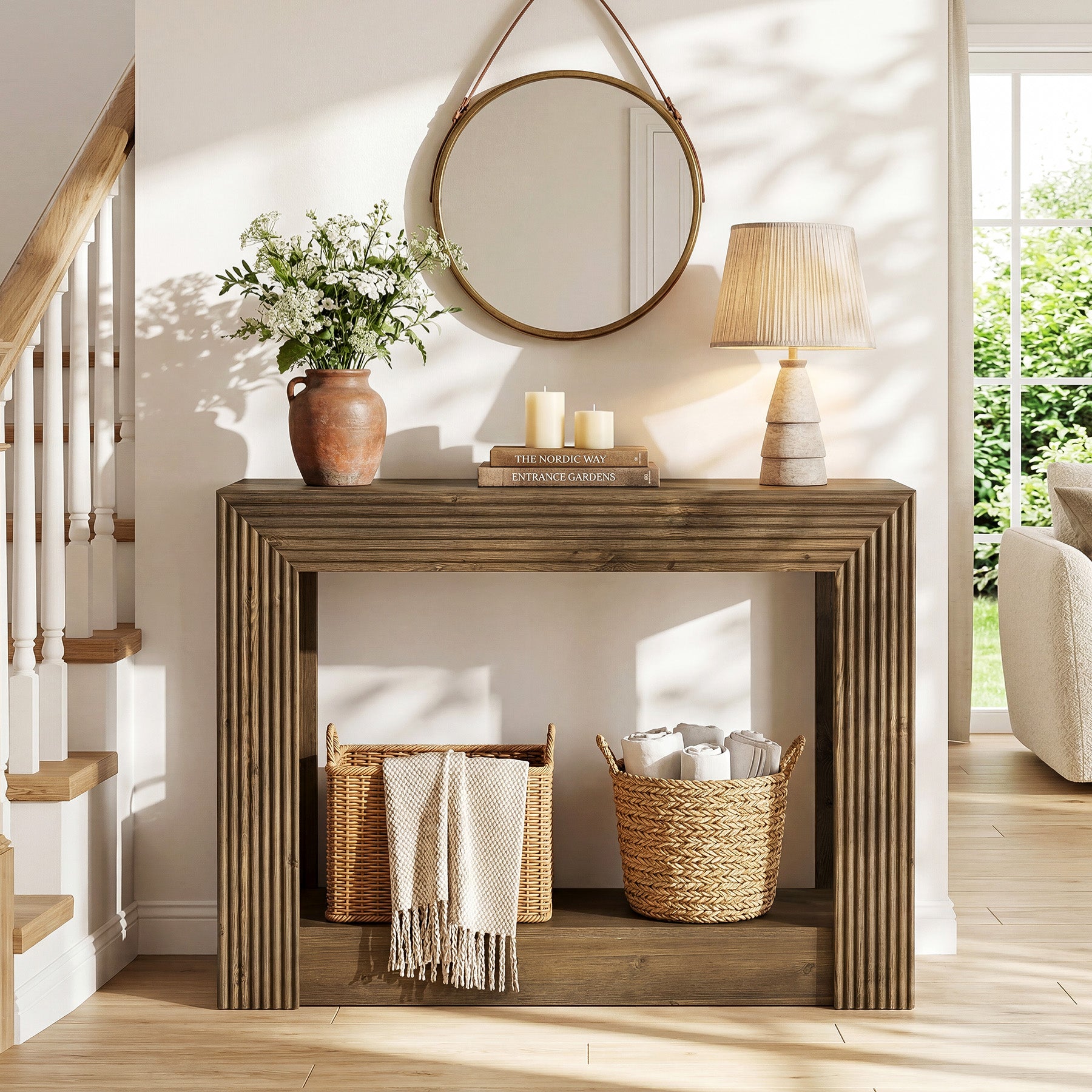 105 cm farmhouse consoletafel met opbergruimte, smalle 2-laagse sidetable voor entree of achter de bank
