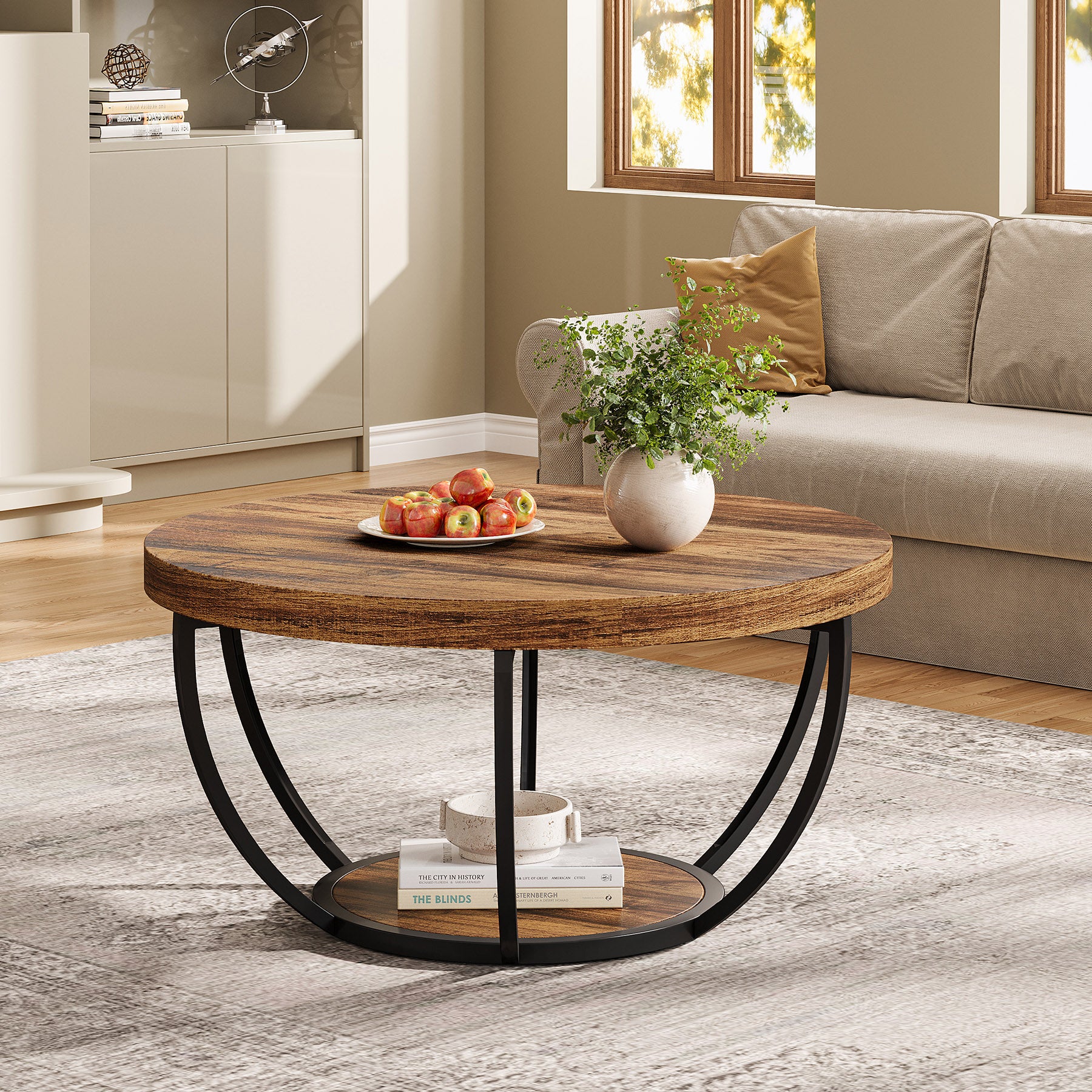 80,5 cm Ronde Industriële Salontafel, Tweelaags Middentafel in Rustiek Bruin en Zwart