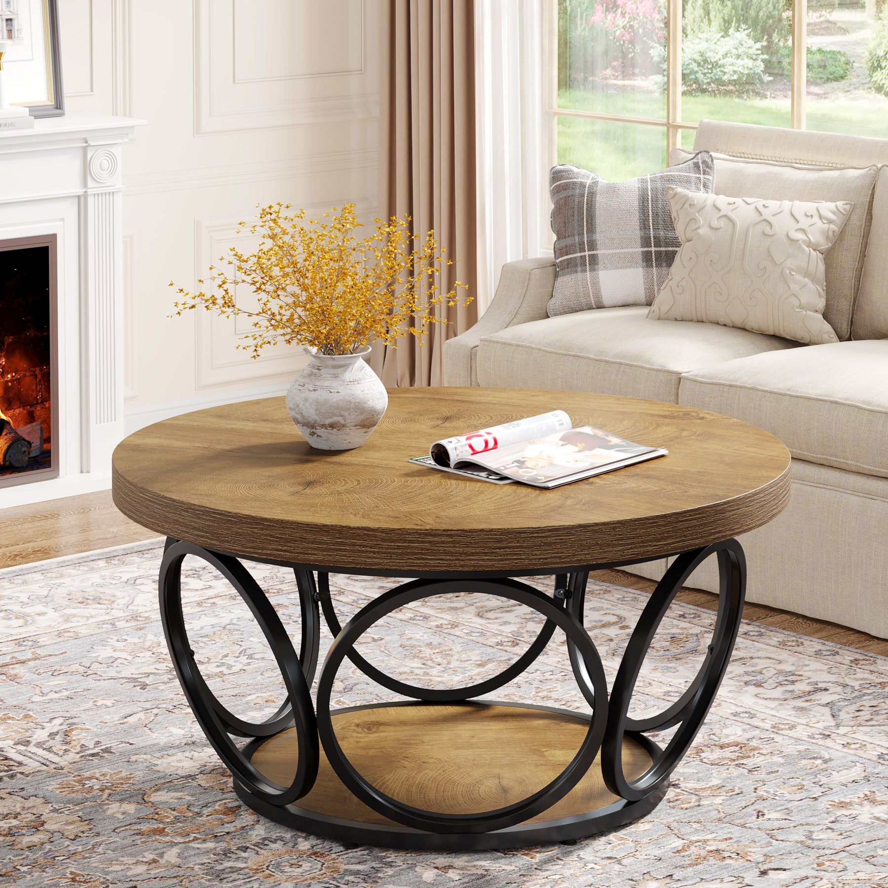 80 cm Ronde Salontafel, Landelijke Tafels met Dubbele Opbergplanken in Houtstructuur