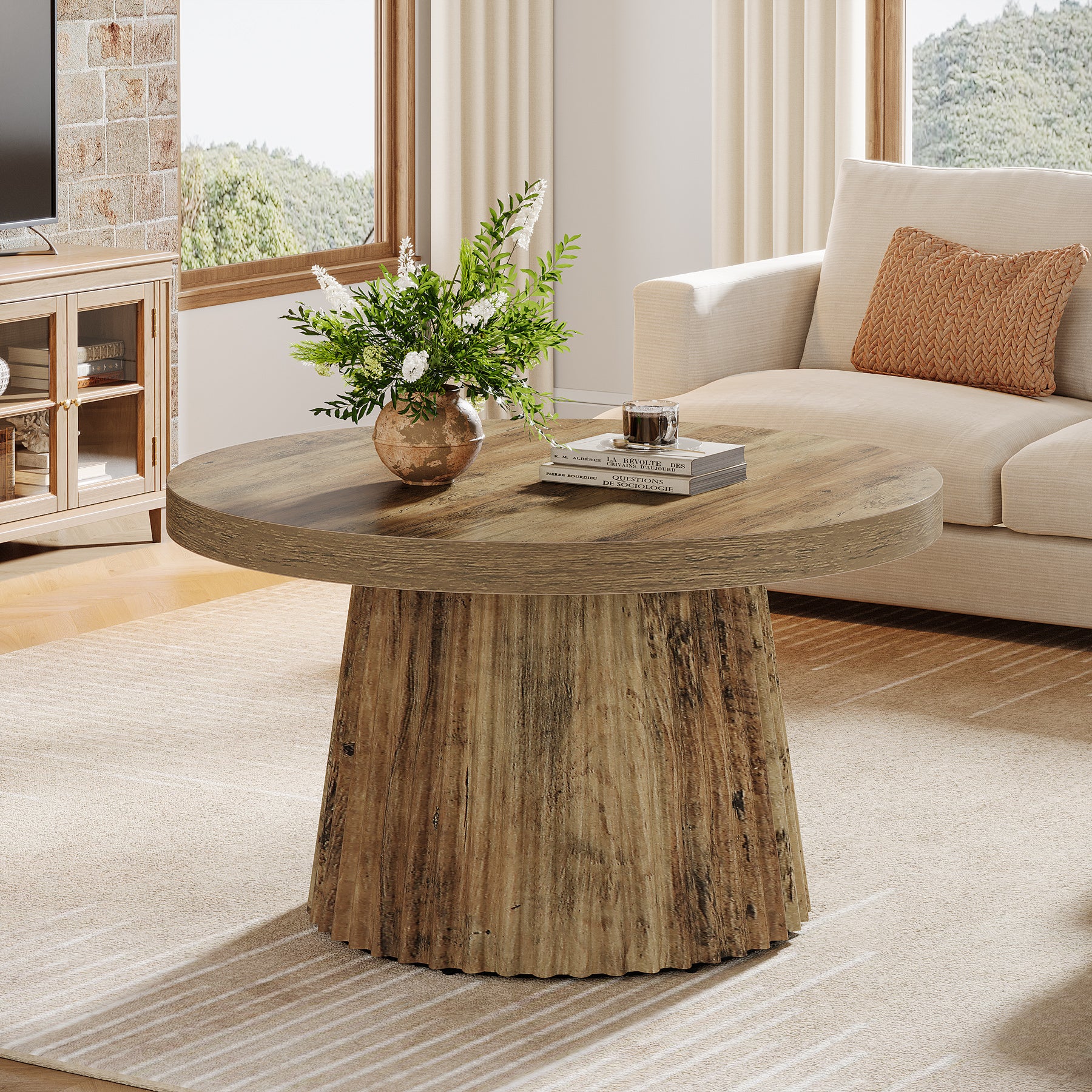 80 cm Ronde Landelijke Salontafel met Gegroefde Trommelvoet, Mid-Century Accent Tafel