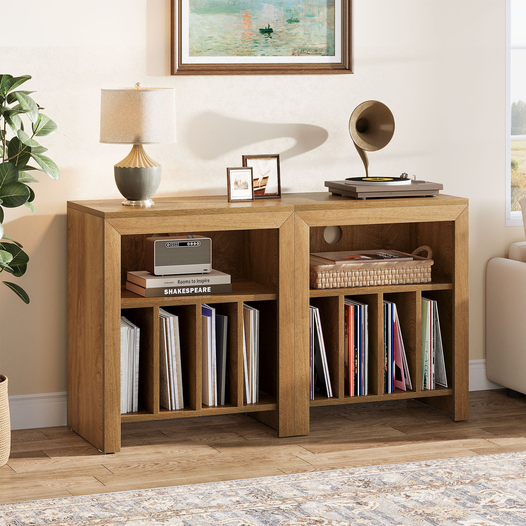 60 cm Vinylplaten Bijzettafel met 3 Etages, Industrieel Opbergmeubel in Rustiek Bruin