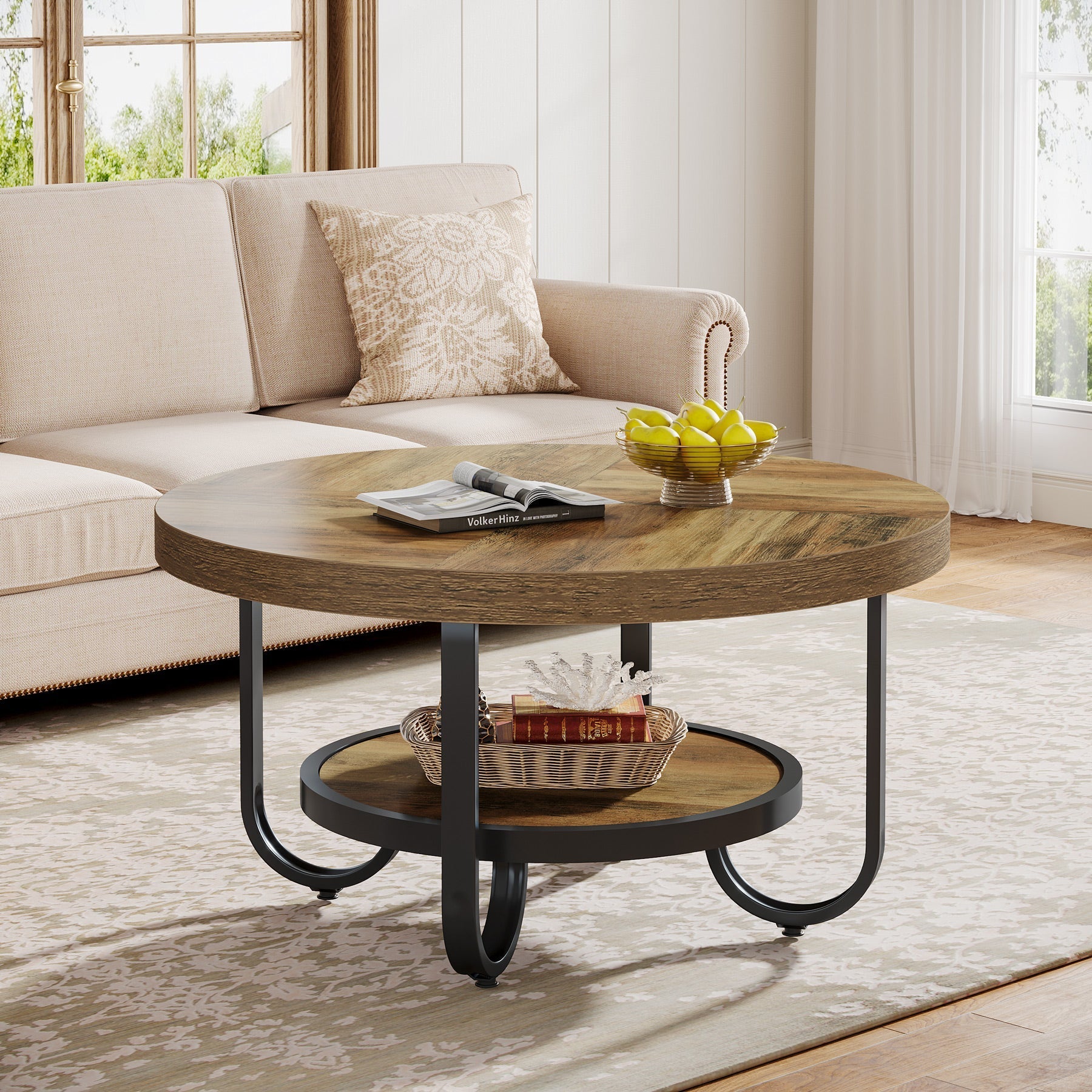 80 cm Ronde Salontafel voor Woonkamer, 2-Laagse Industriële Tafel met Opbergplank